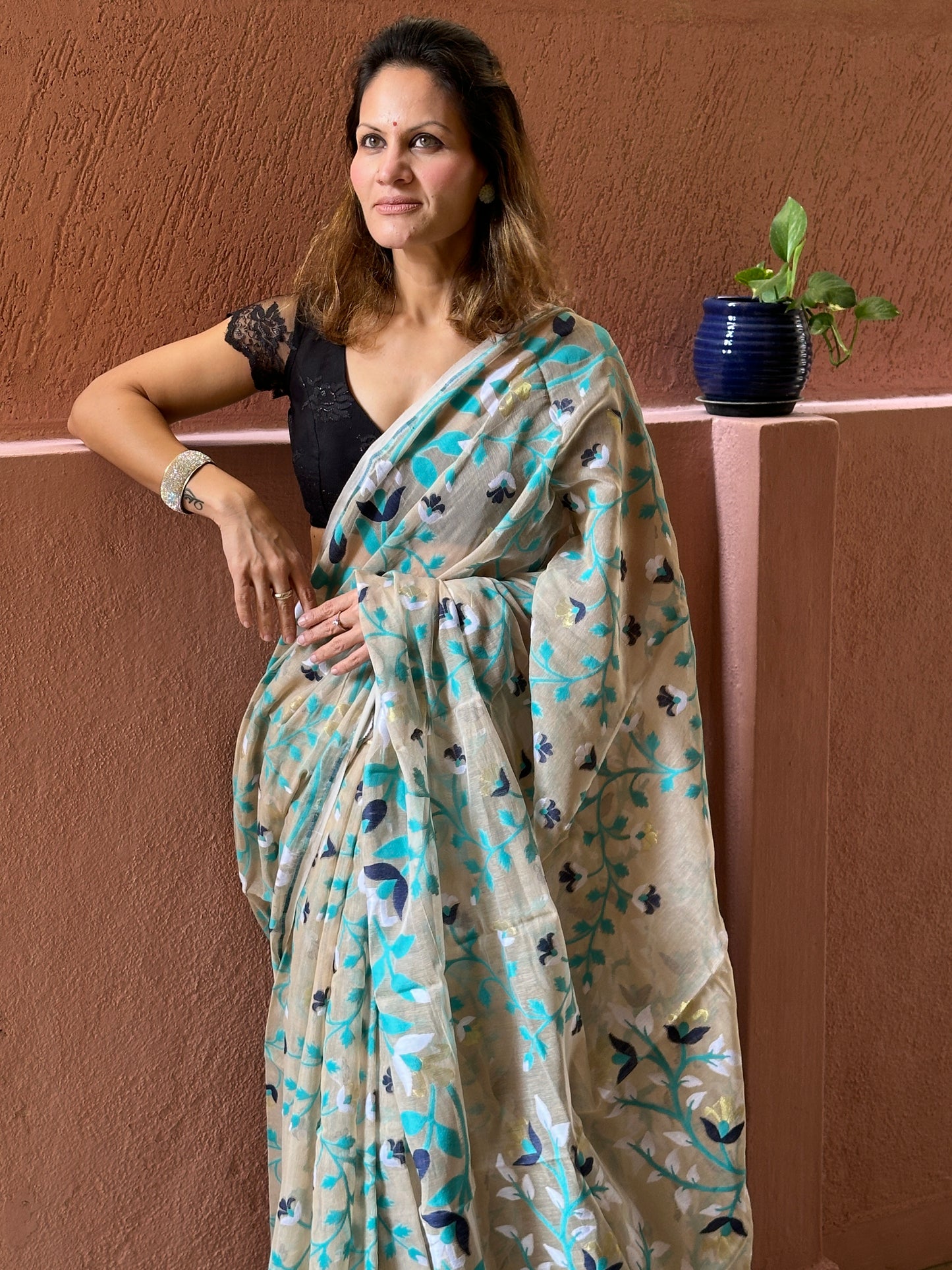 Nude Cotton Silk Jamdani Saree with Blue Floral Design & Zari Work