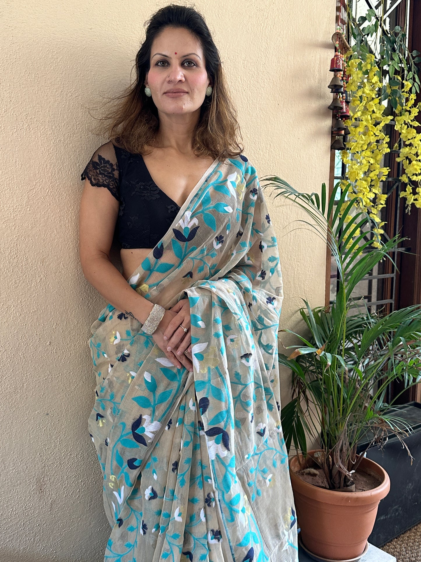 Nude Cotton Silk Jamdani Saree with Blue Floral Design & Zari Work