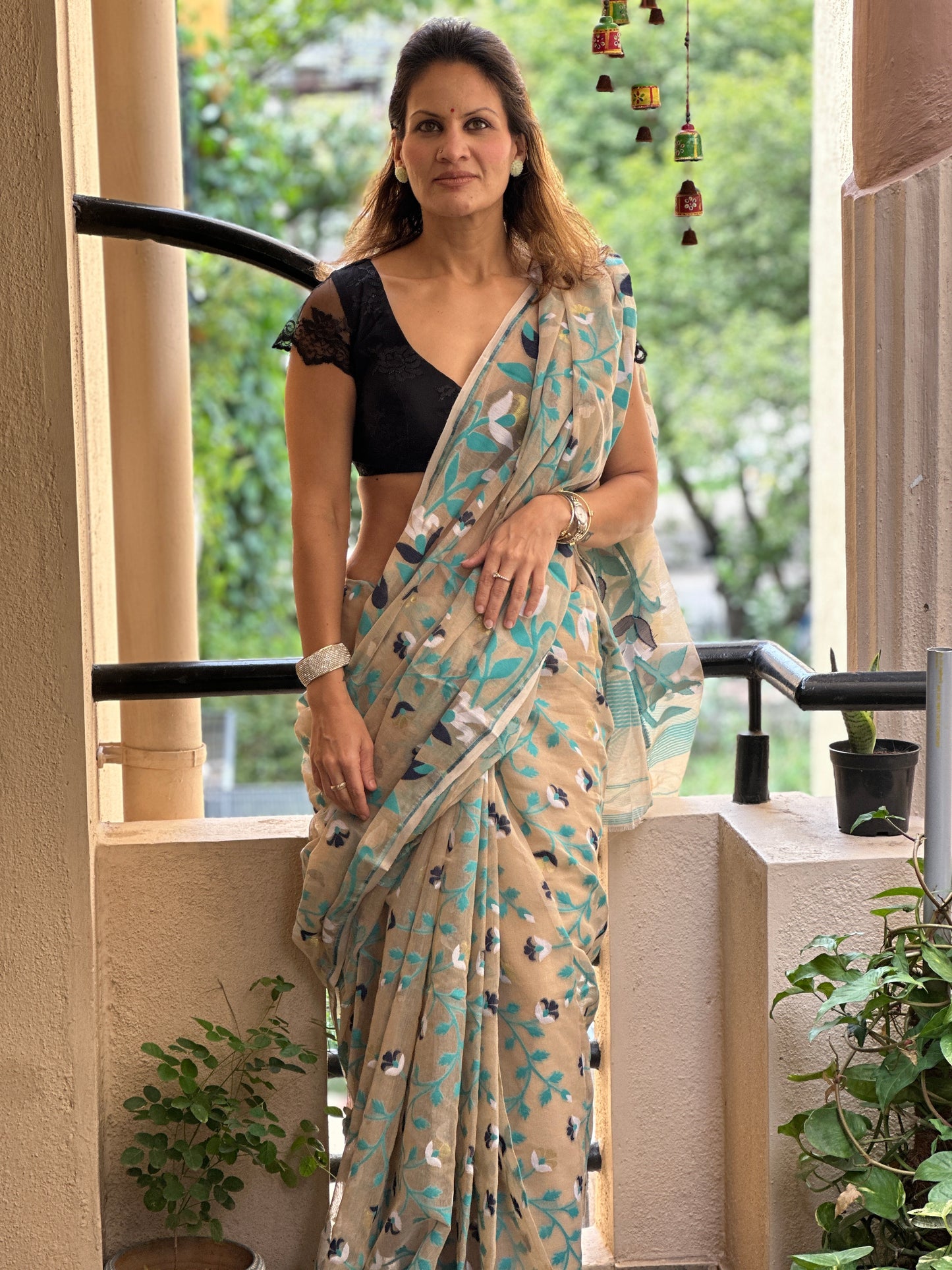 Nude Cotton Silk Jamdani Saree with Blue Floral Design & Zari Work