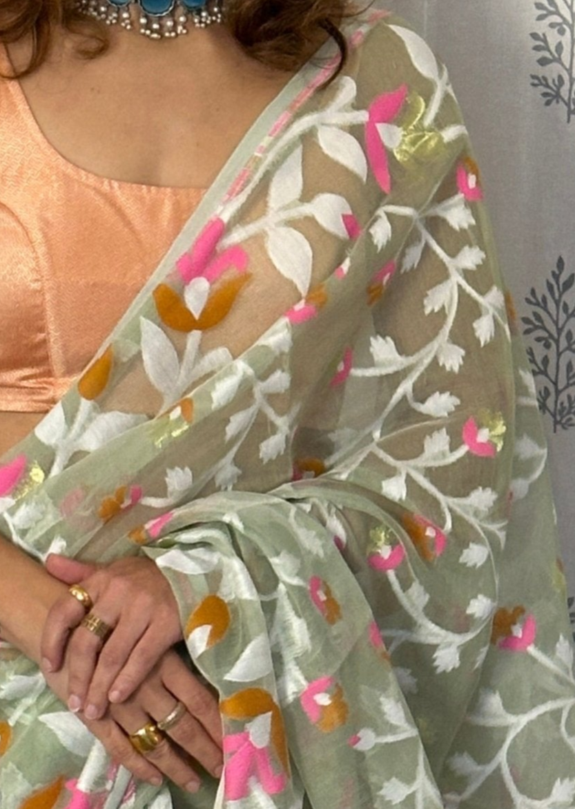 Mint Green Cotton Silk Jamdani Saree with Pink & Mustard Floral Design & Zari Work