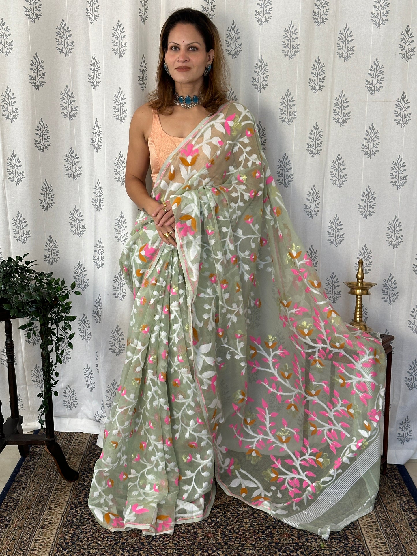 Mint Green Cotton Silk Jamdani Saree with Pink & Mustard Floral Design & Zari Work