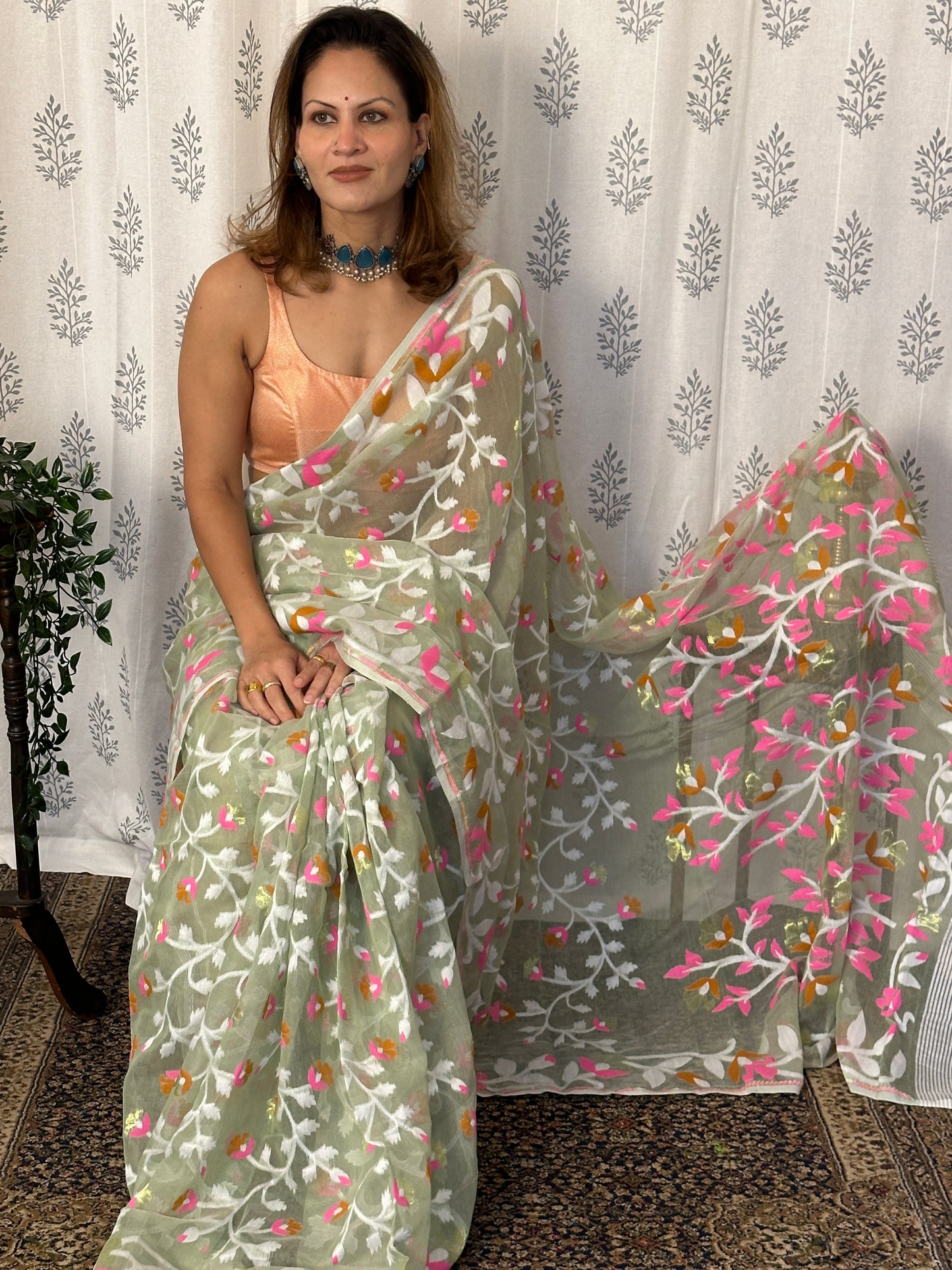 Mint Green Cotton Silk Jamdani Saree with Pink & Mustard Floral Design & Zari Work