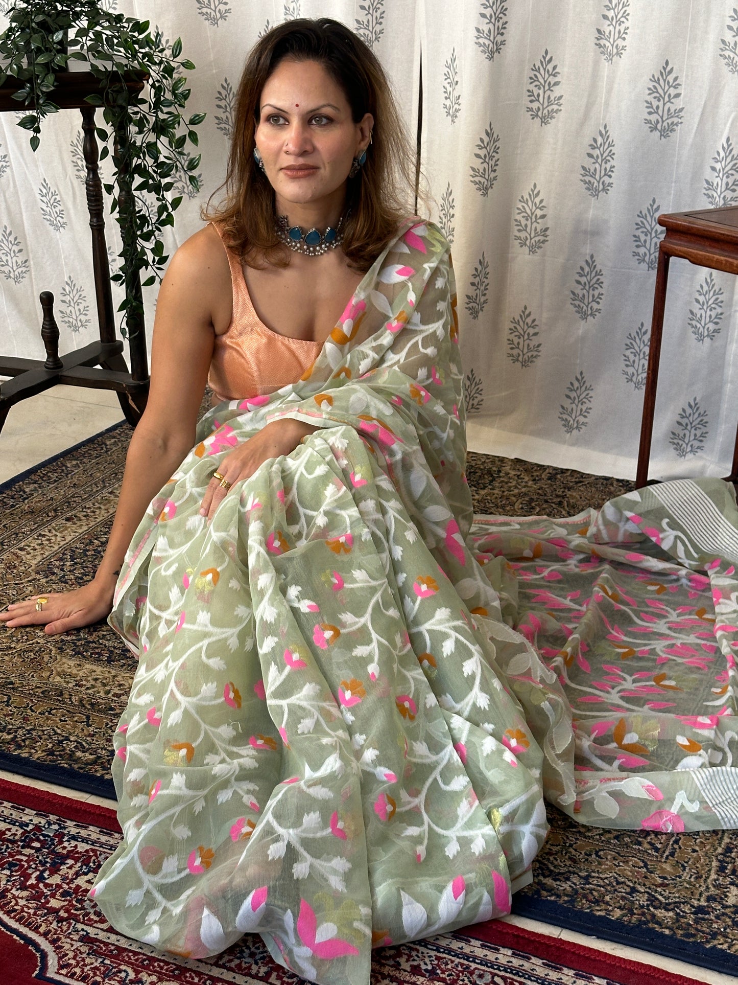 Mint Green Cotton Silk Jamdani Saree with Pink & Mustard Floral Design & Zari Work
