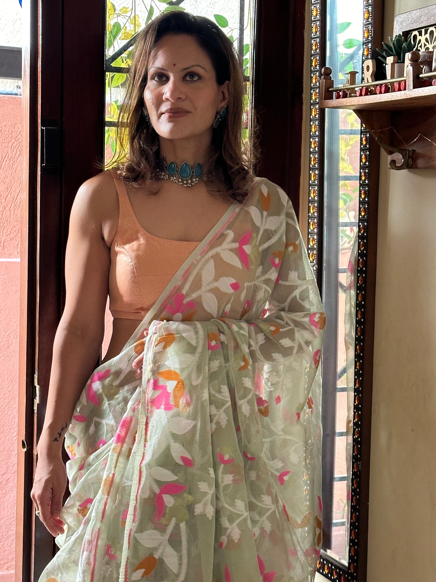 Mint Green Cotton Silk Jamdani Saree with Pink & Mustard Floral Design & Zari Work