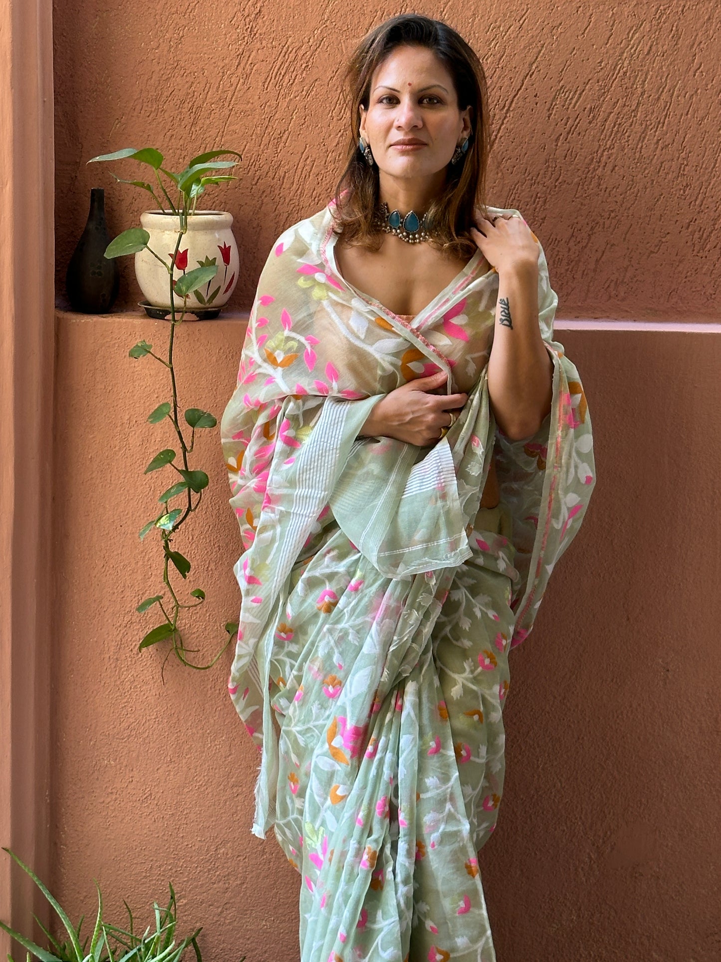 Mint Green Cotton Silk Jamdani Saree with Pink & Mustard Floral Design & Zari Work