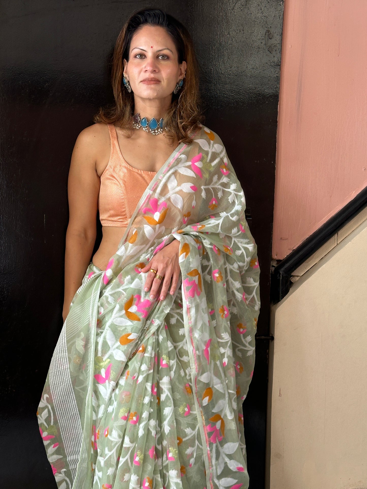 Mint Green Cotton Silk Jamdani Saree with Pink & Mustard Floral Design & Zari Work
