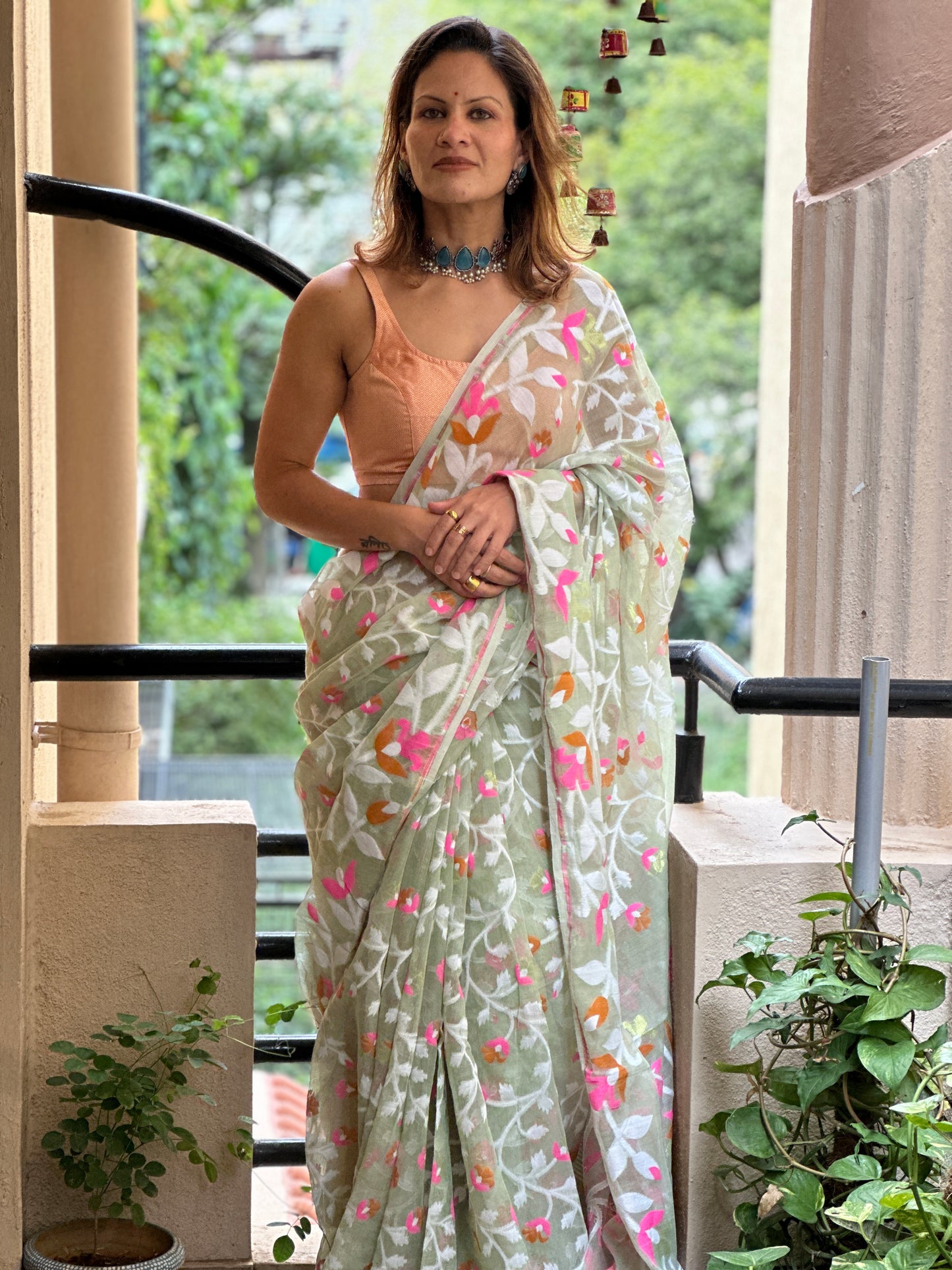 Mint Green Cotton Silk Jamdani Saree with Pink & Mustard Floral Design & Zari Work