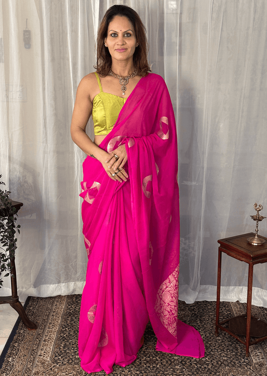 Pink Pure georgette Khaddi Banarasi Sari with Meena Weaving & Full Gold Pure Zari Woven Pallu