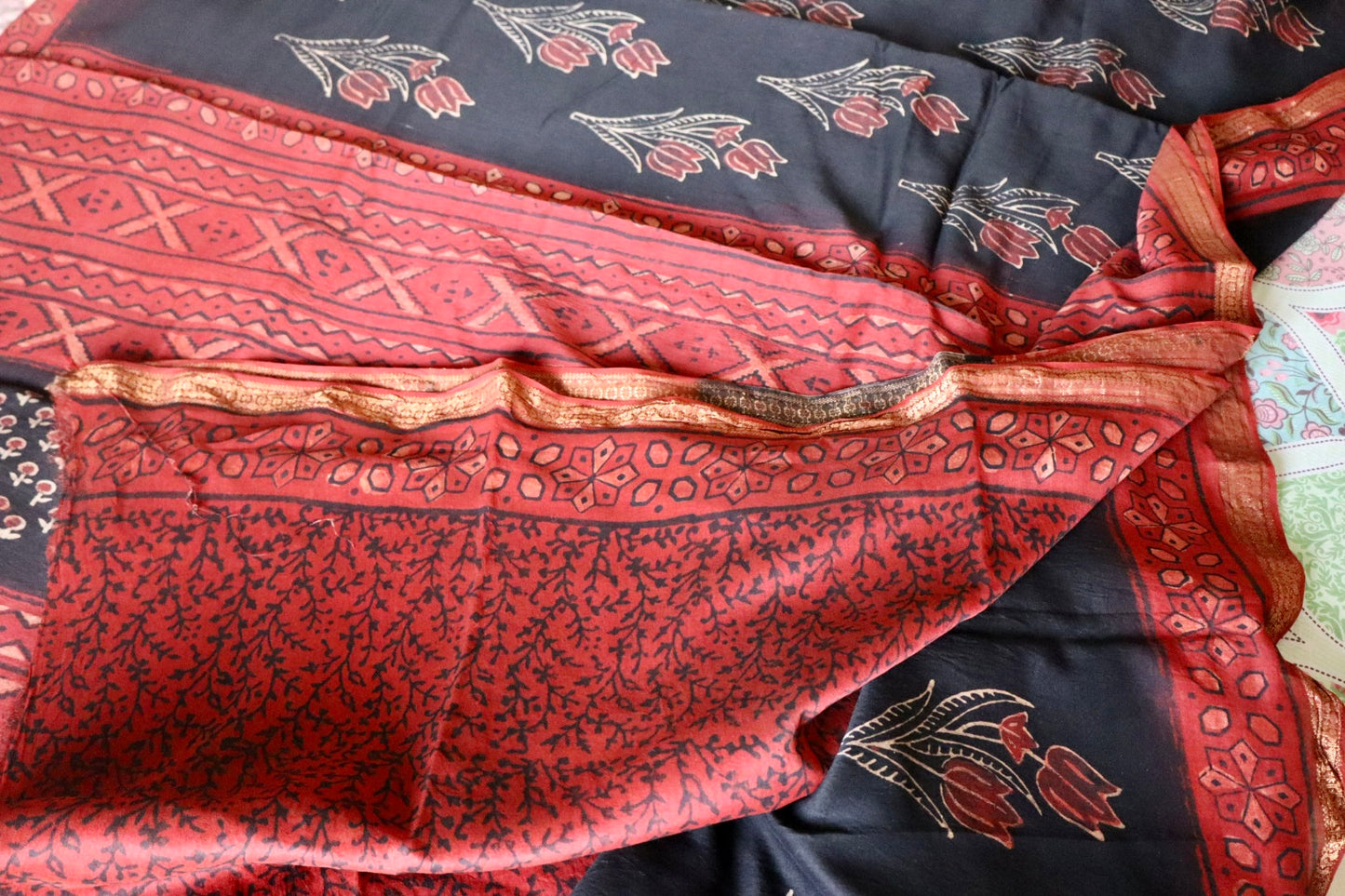 Black and Red Natural Vanaspati Block Print Maheshwari Sari with Zari Border