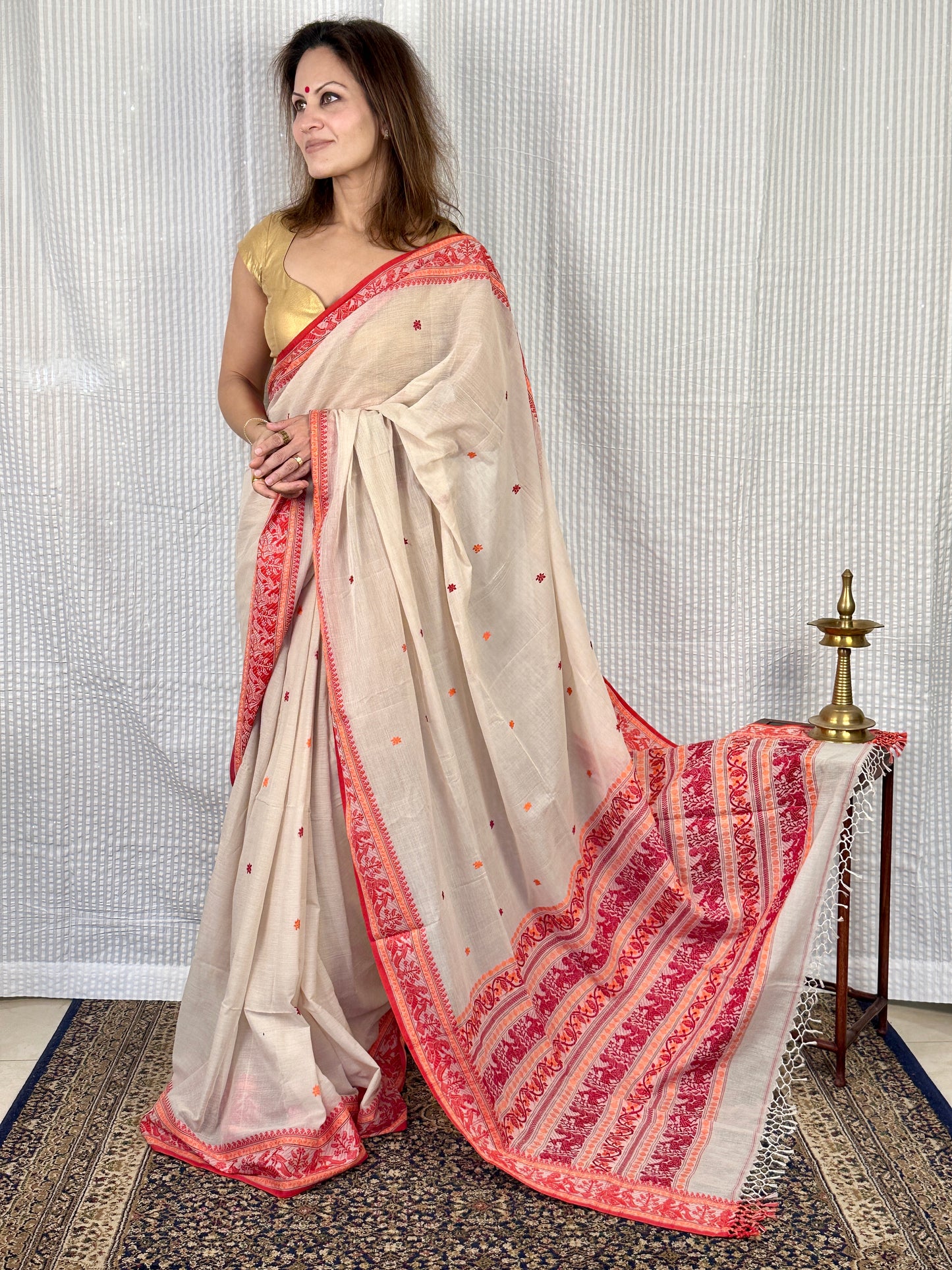Cream Pure Cotton Baluchari Saree with Red Weaving