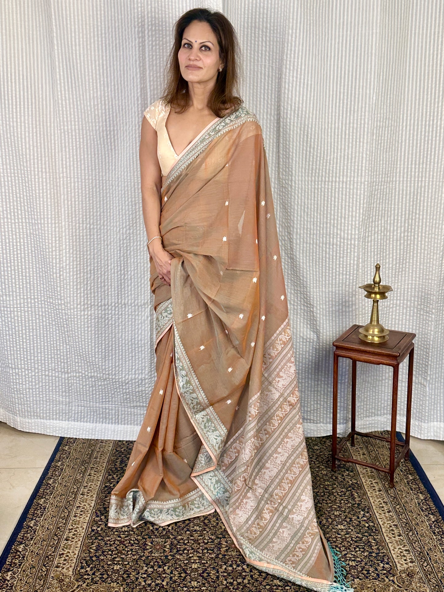 Pale Peachish Brown Pure Cotton Baluchari Saree with Weaving