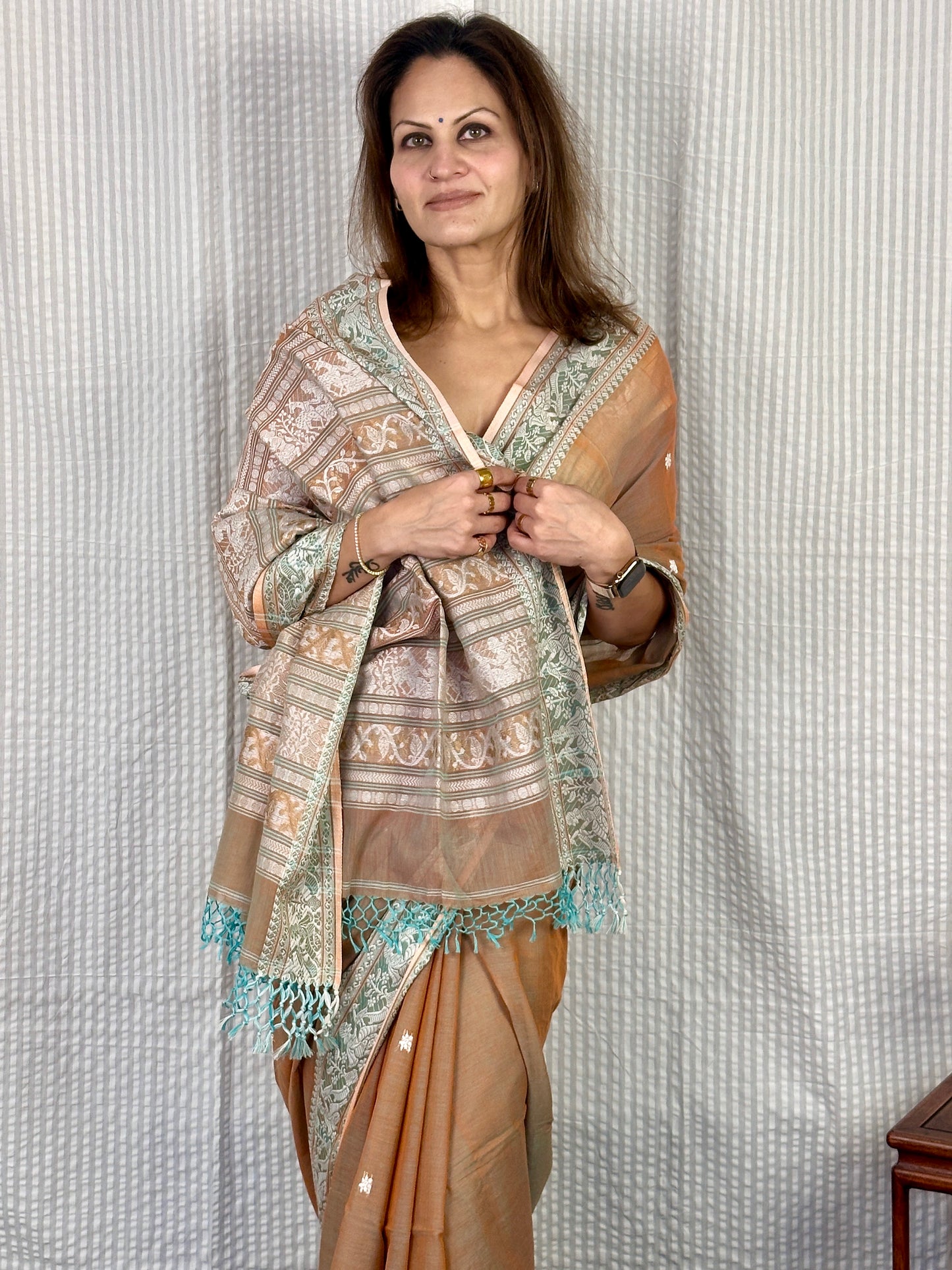 Pale Peachish Brown Pure Cotton Baluchari Saree with Weaving
