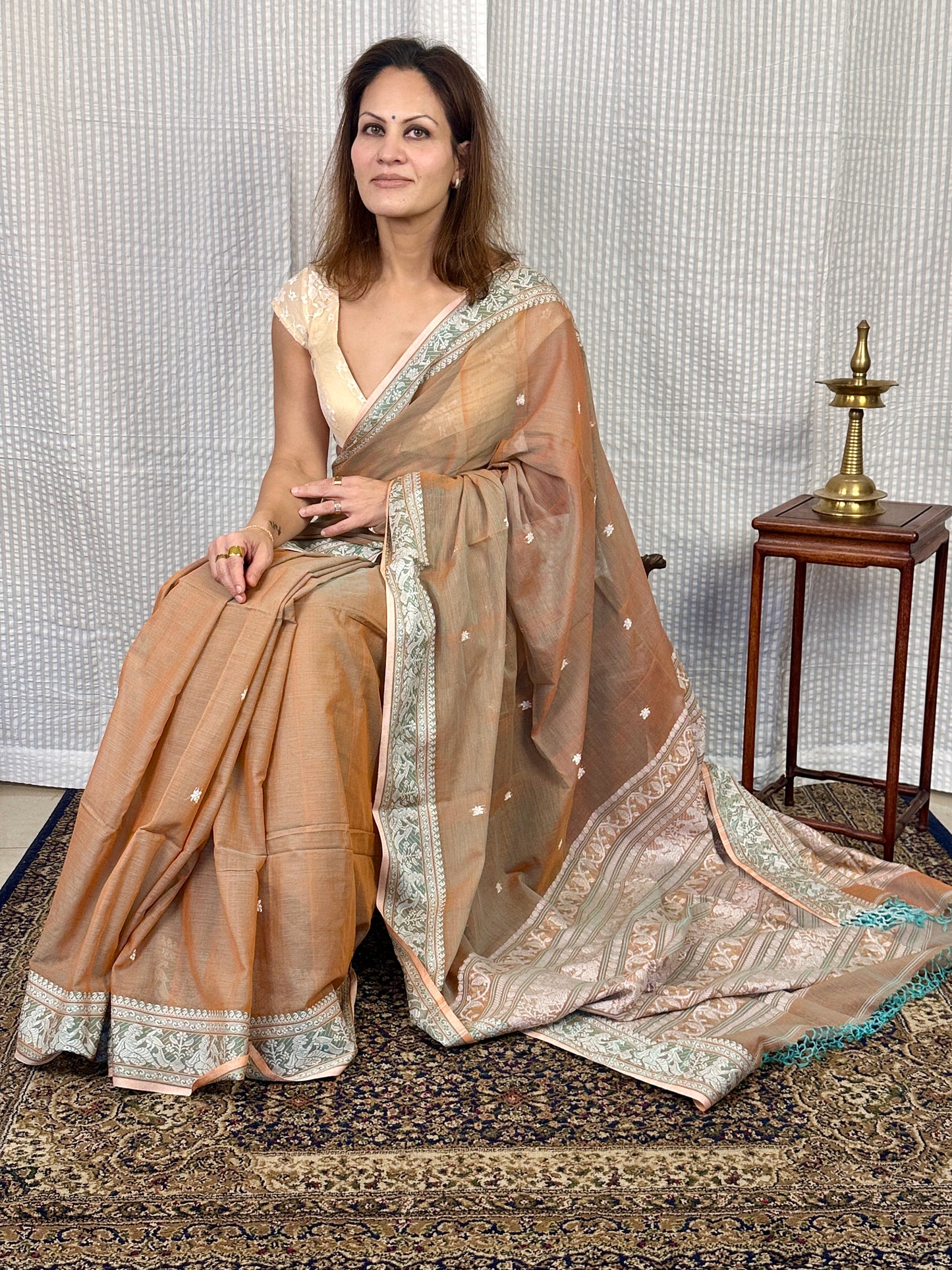 Pale Peachish Brown Pure Cotton Baluchari Saree with Weaving
