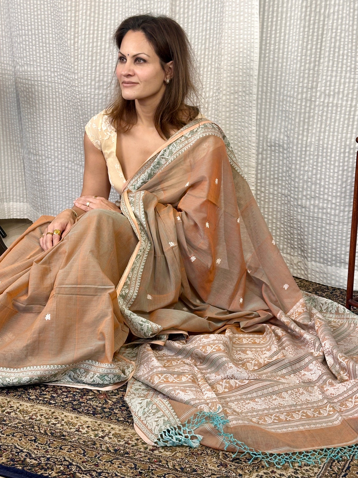 Pale Peachish Brown Pure Cotton Baluchari Saree with Weaving