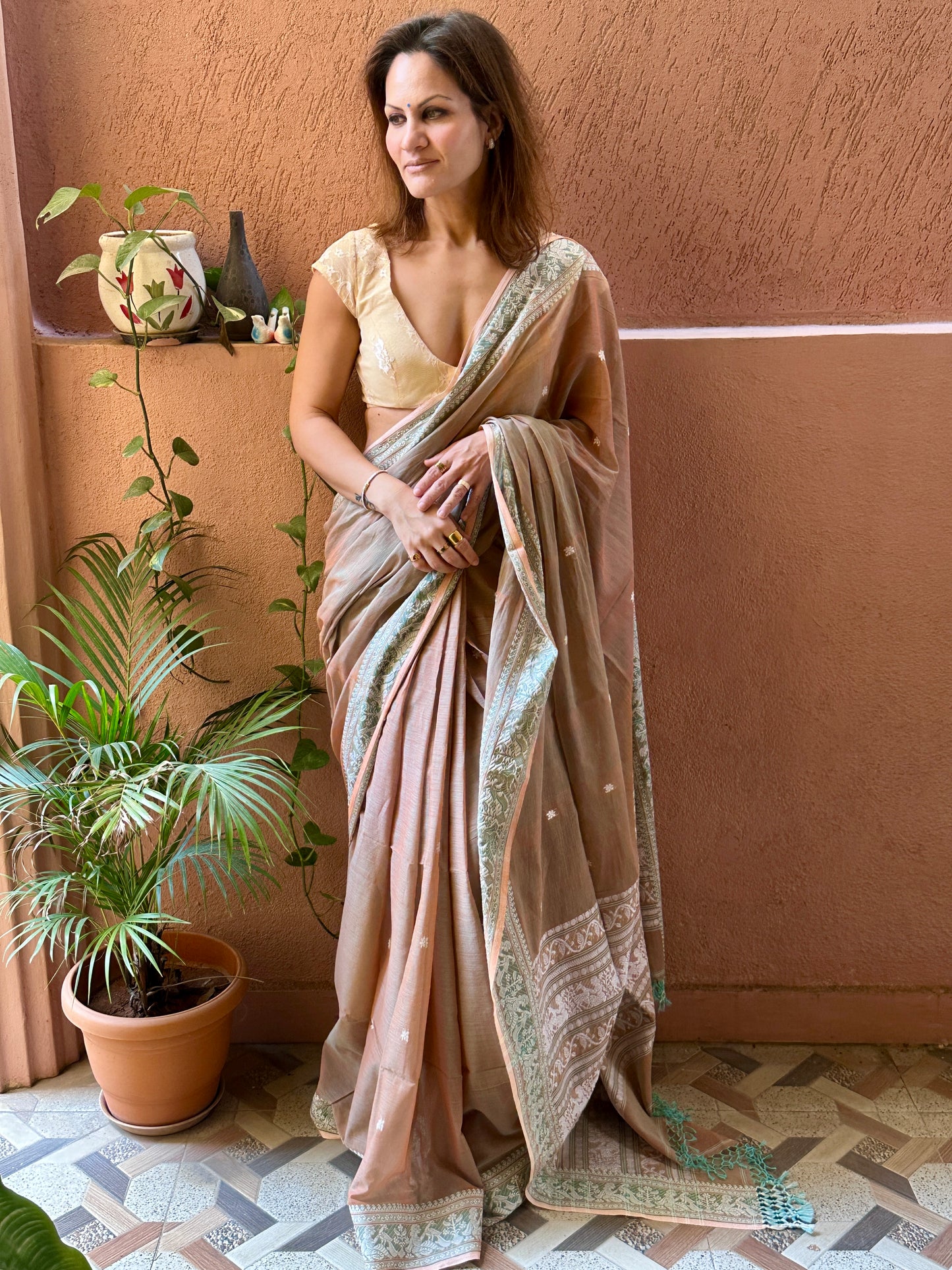 Pale Peachish Brown Pure Cotton Baluchari Saree with Weaving