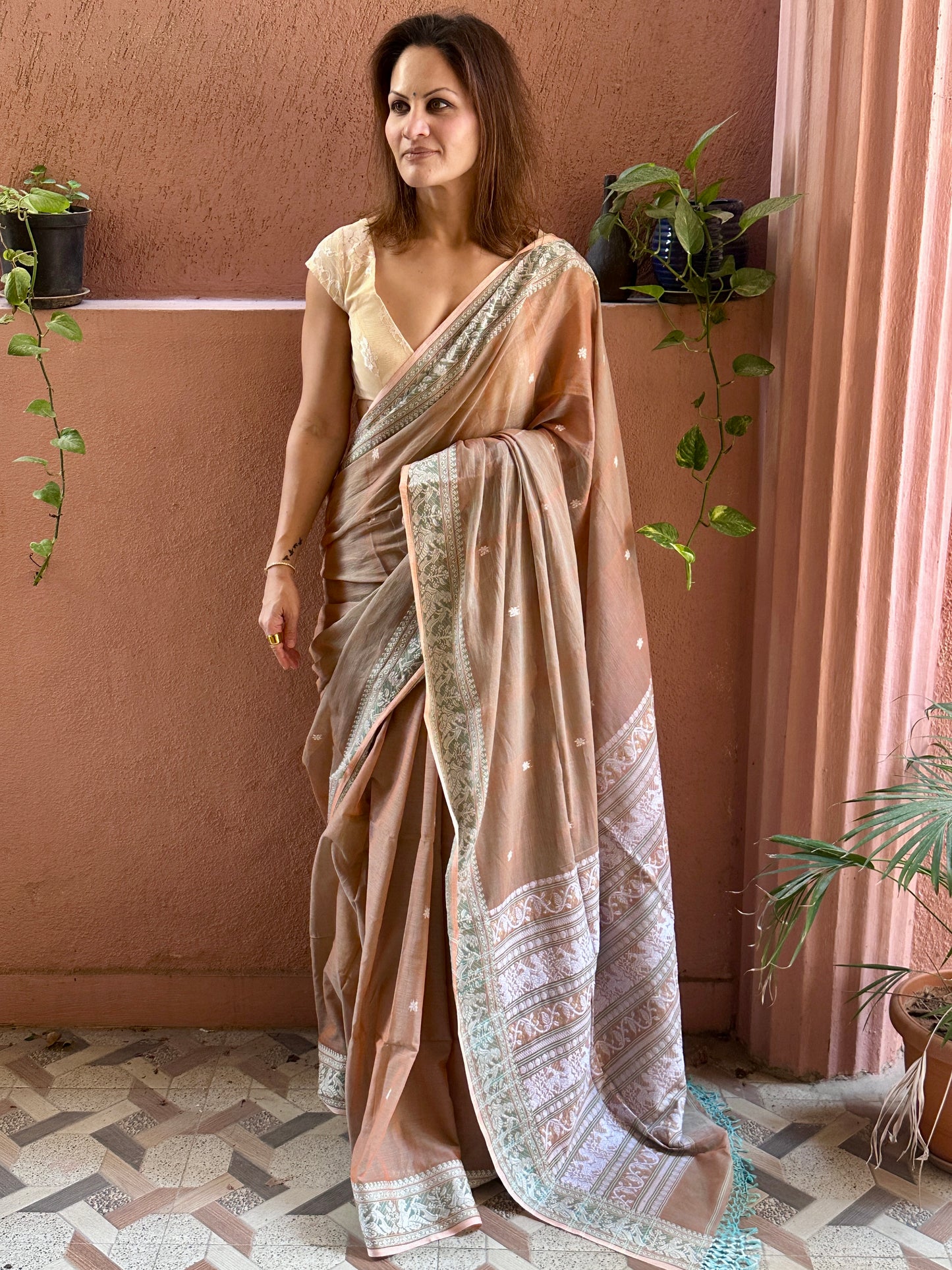Pale Peachish Brown Pure Cotton Baluchari Saree with Weaving
