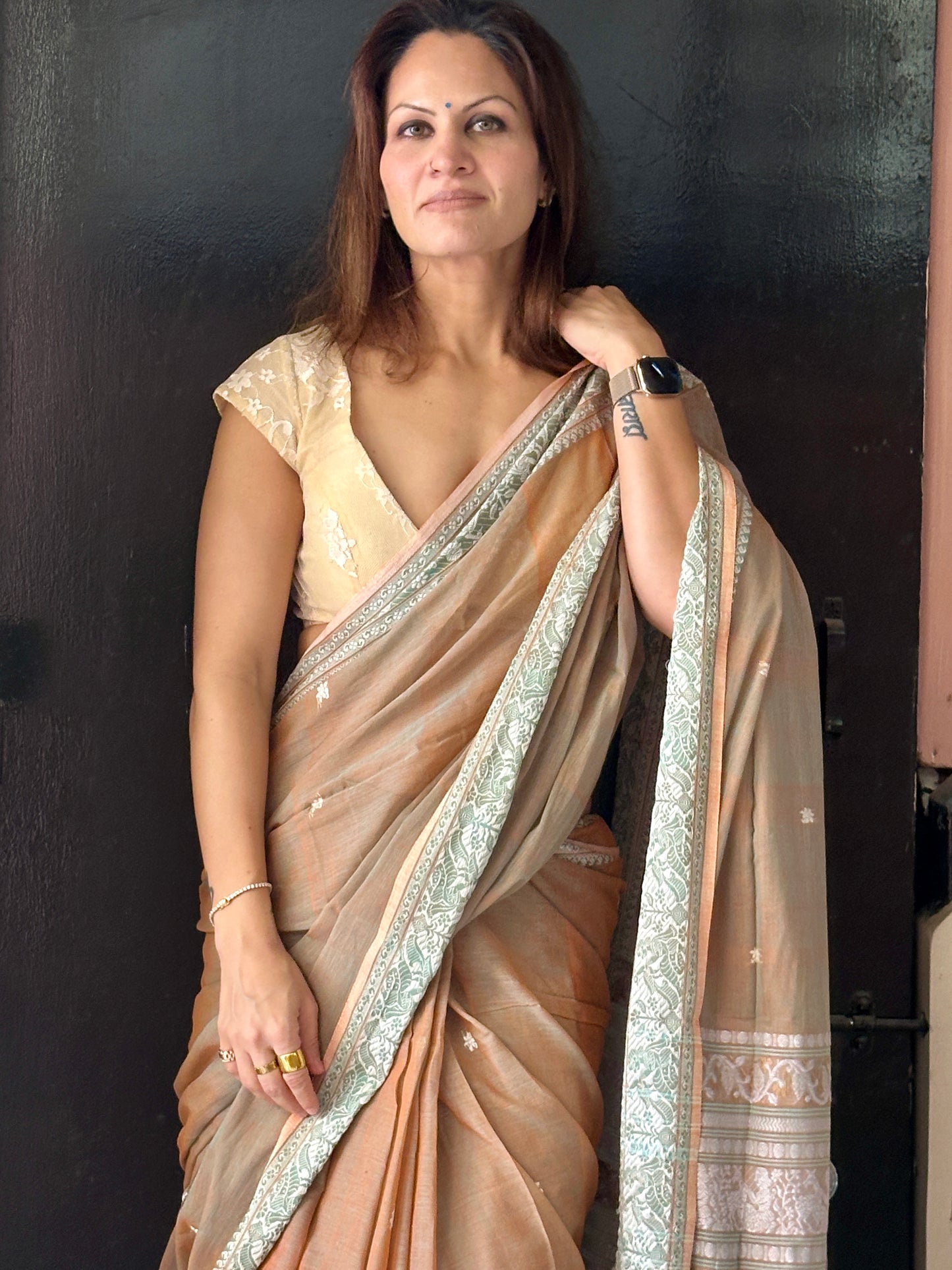 Pale Peachish Brown Pure Cotton Baluchari Saree with Weaving