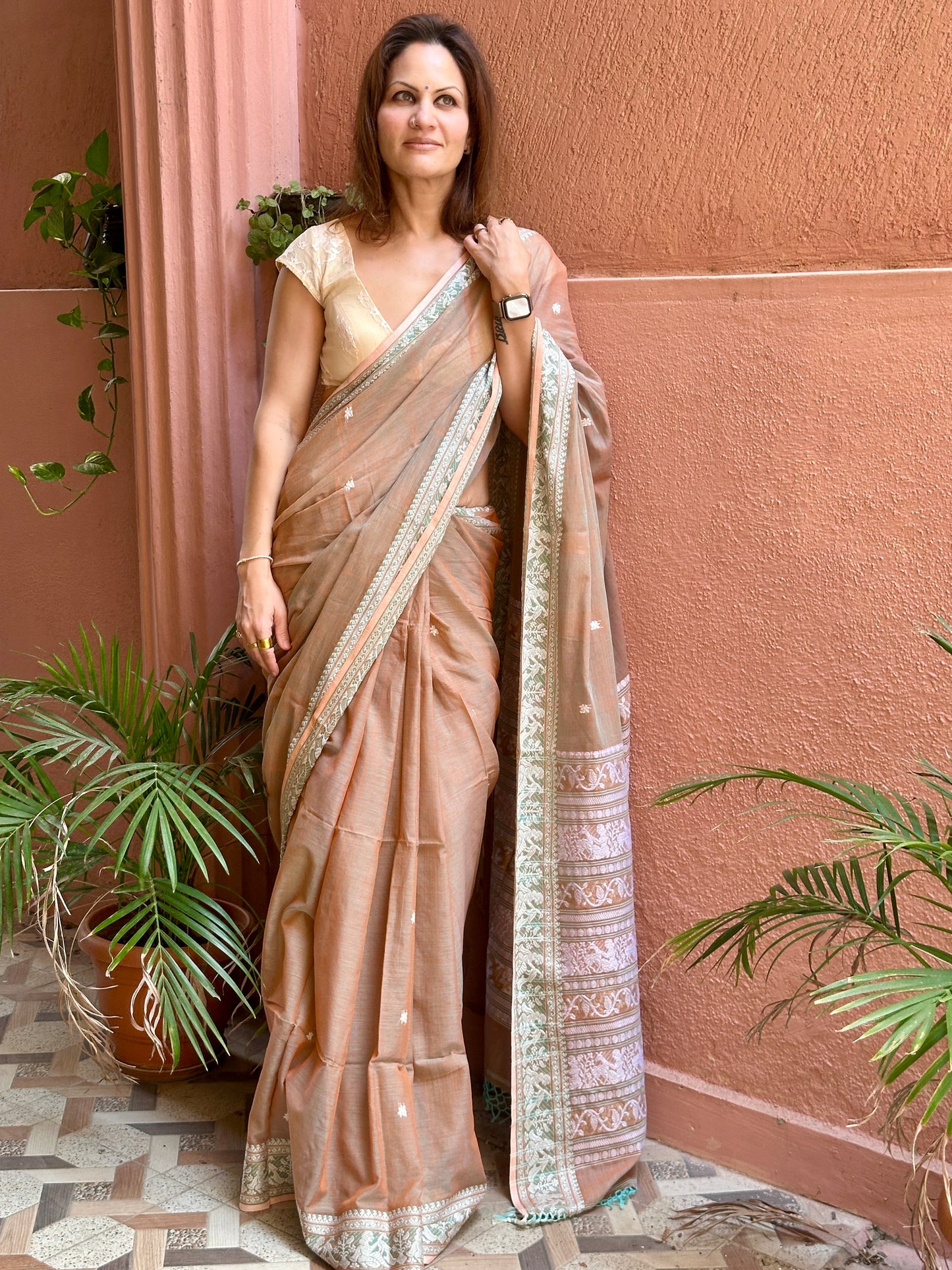 Pale Peachish Brown Pure Cotton Baluchari Saree with Weaving