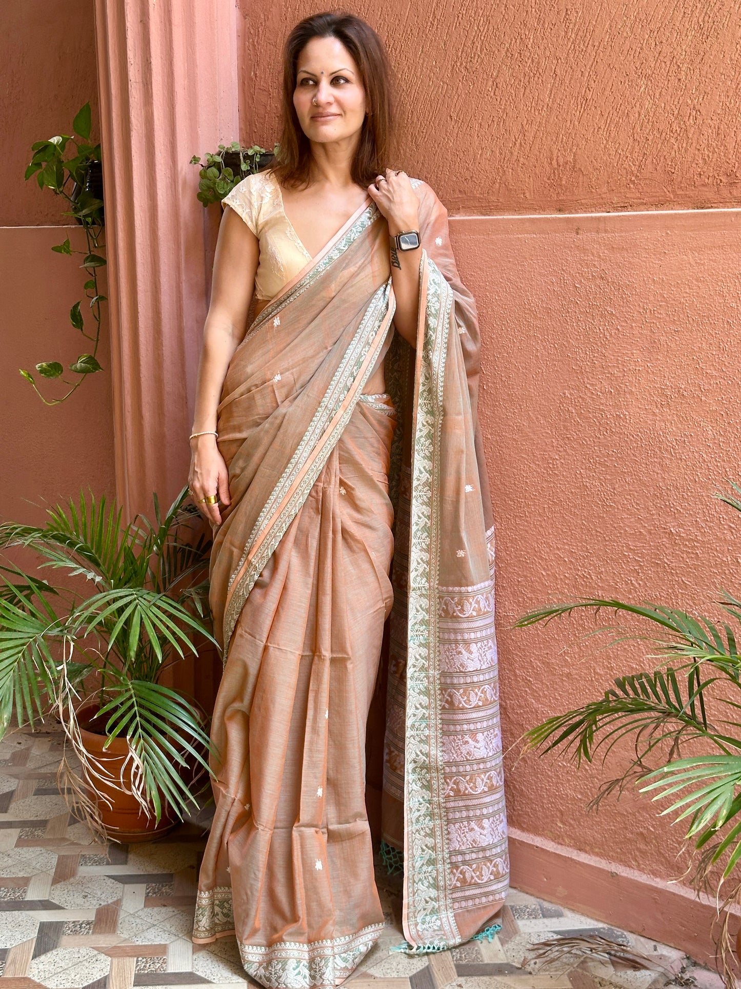 Pale Peachish Brown Pure Cotton Baluchari Saree with Weaving