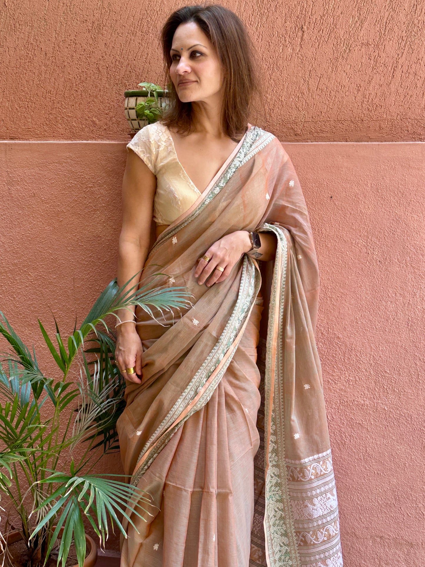 Pale Peachish Brown Pure Cotton Baluchari Saree with Weaving