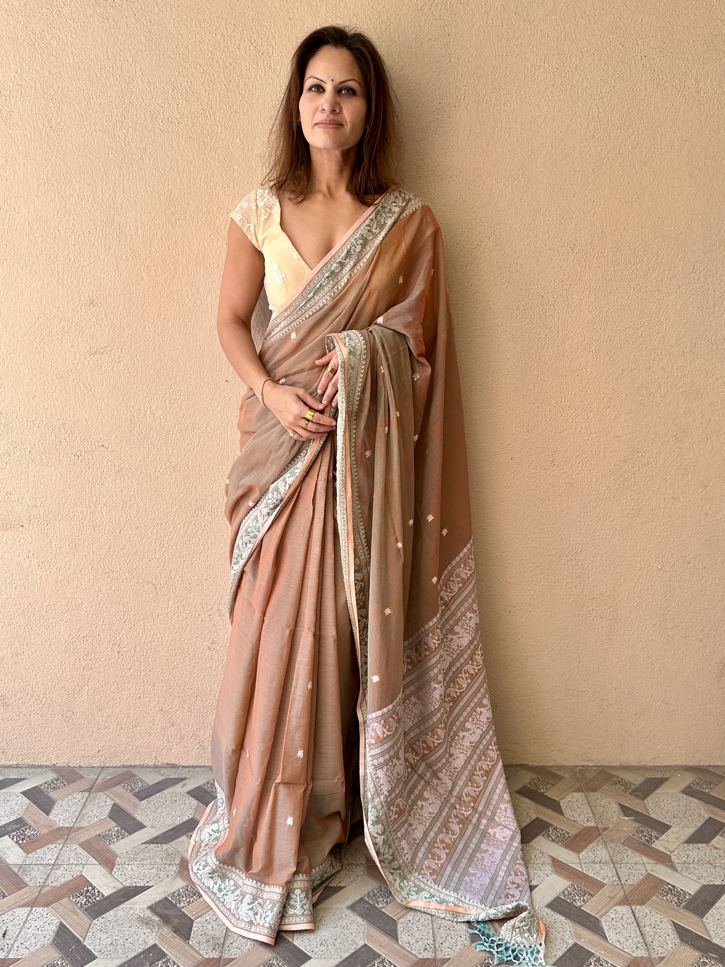 Pale Peachish Brown Pure Cotton Baluchari Saree with Weaving