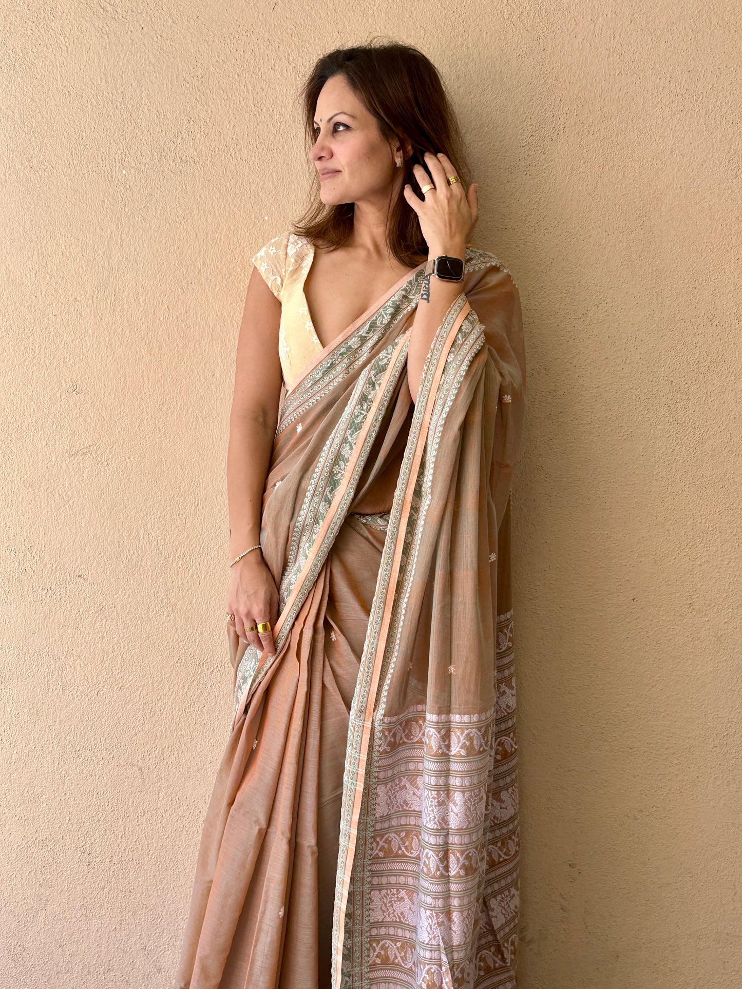 Pale Peachish Brown Pure Cotton Baluchari Saree with Weaving