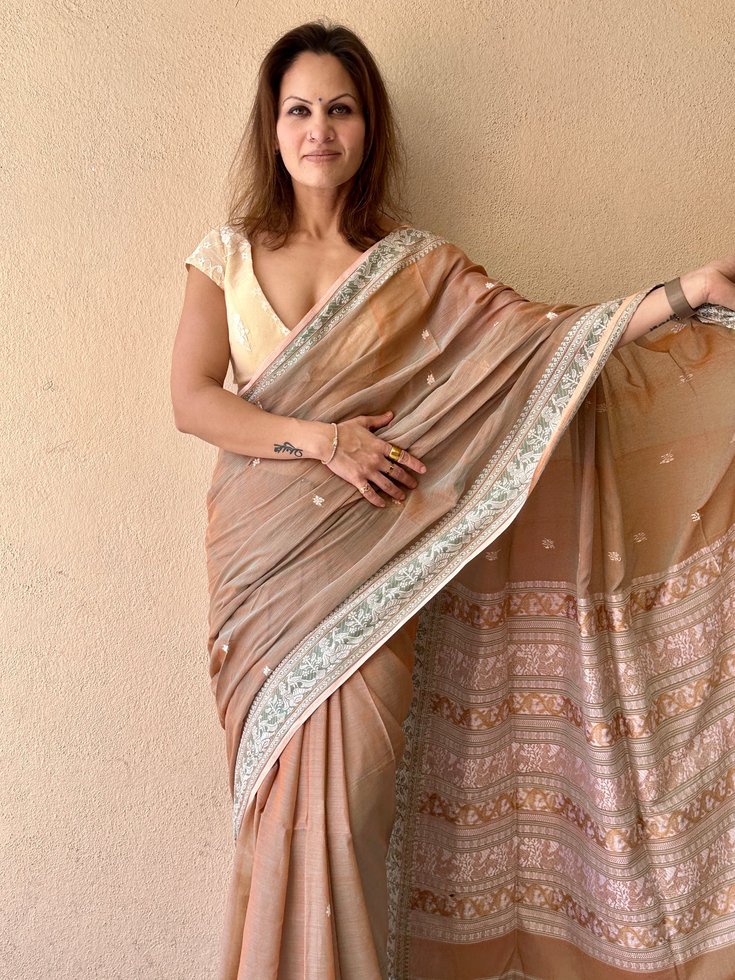 Pale Peachish Brown Pure Cotton Baluchari Saree with Weaving