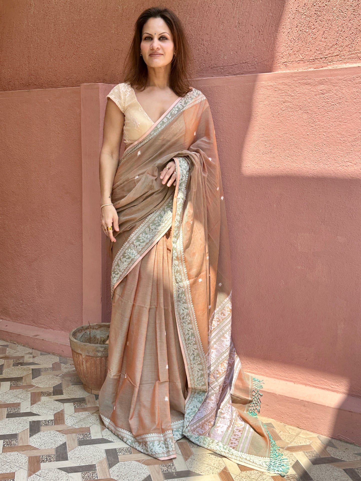 Pale Peachish Brown Pure Cotton Baluchari Saree with Weaving