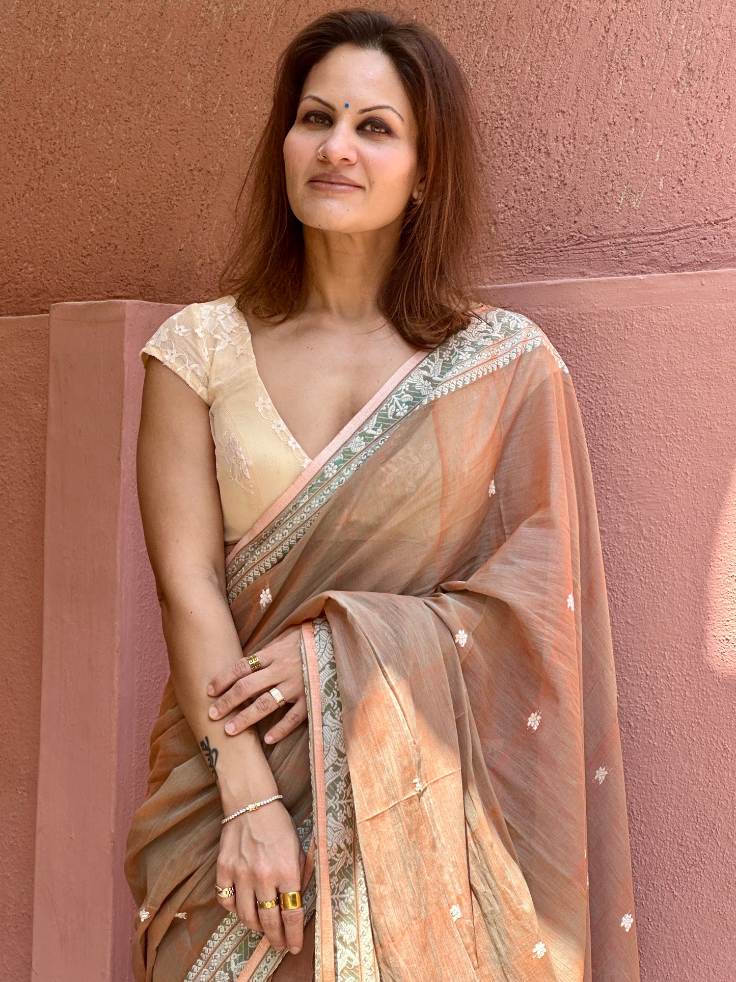 Pale Peachish Brown Pure Cotton Baluchari Saree with Weaving