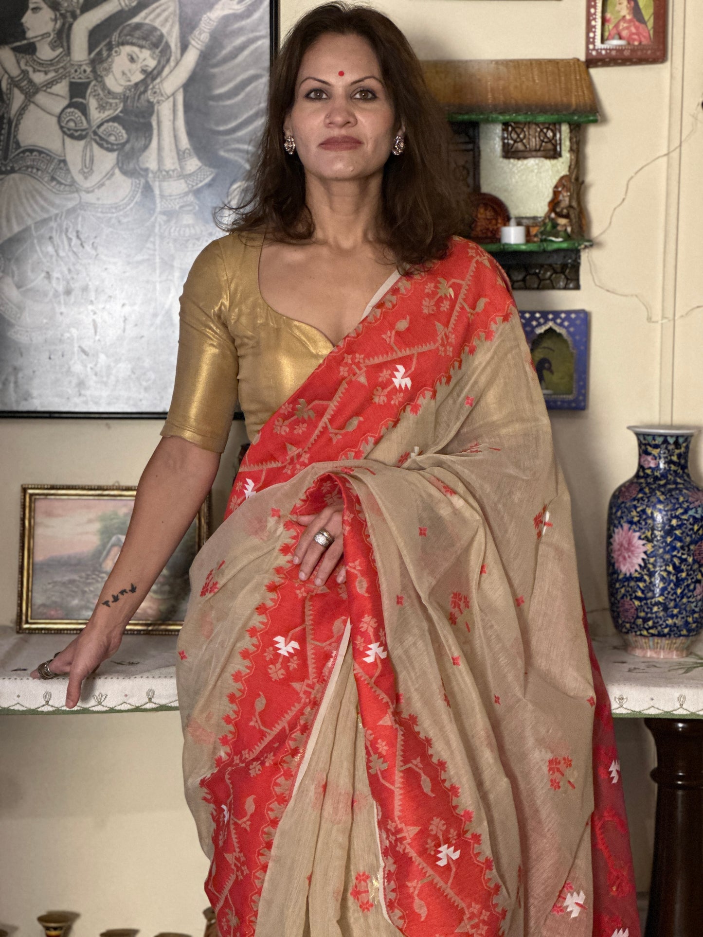 Cream & Red Cotton Silk Jamdani Saree