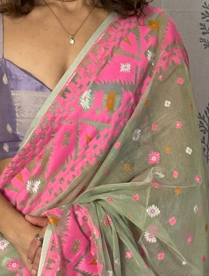 Mint Green & Pink Jacquard Weaving Cotton Silk Jamdani Sari with Zari Work