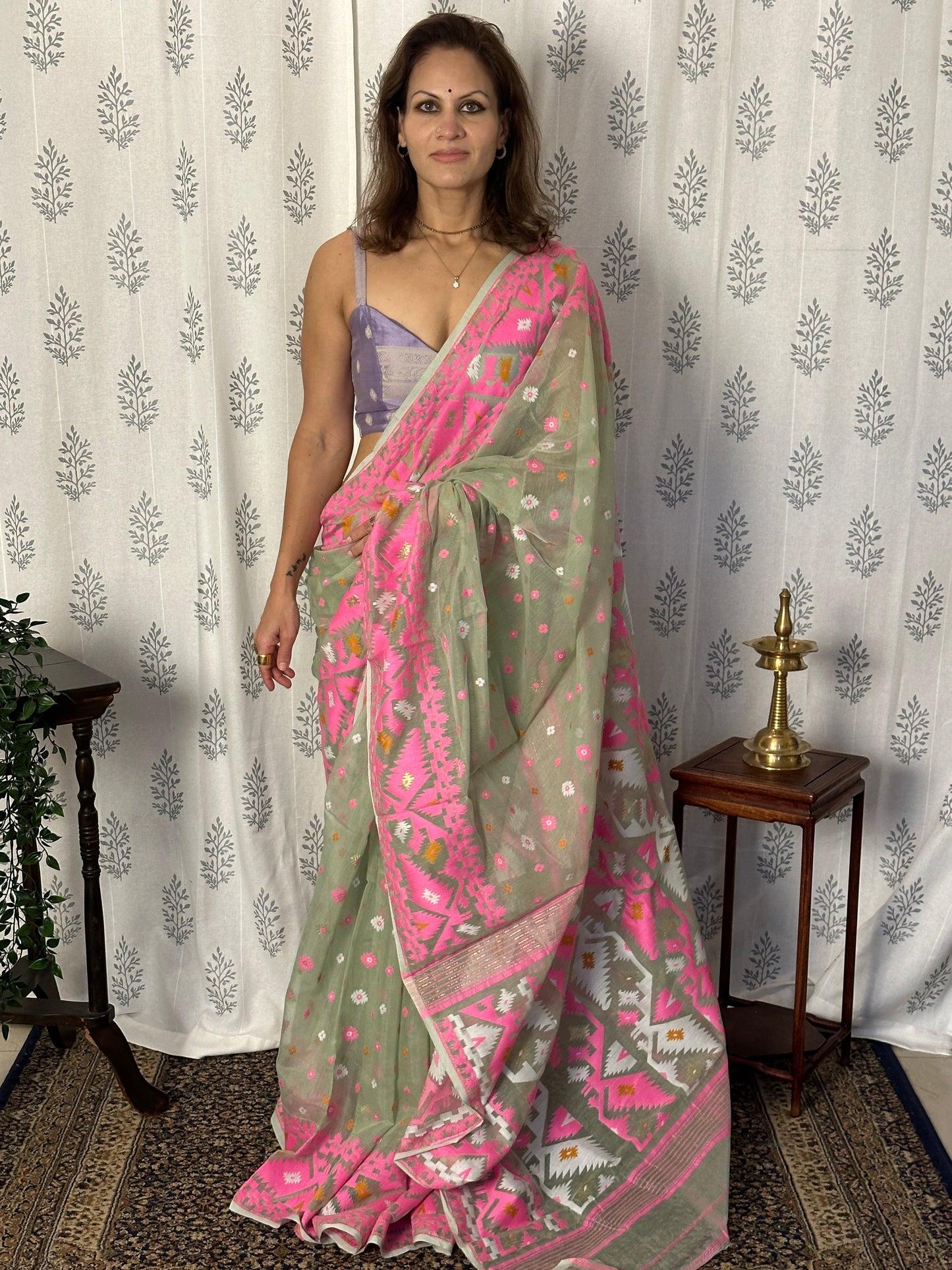 Mint Green & Pink Jacquard Weaving Cotton Silk Jamdani Sari with Zari Work