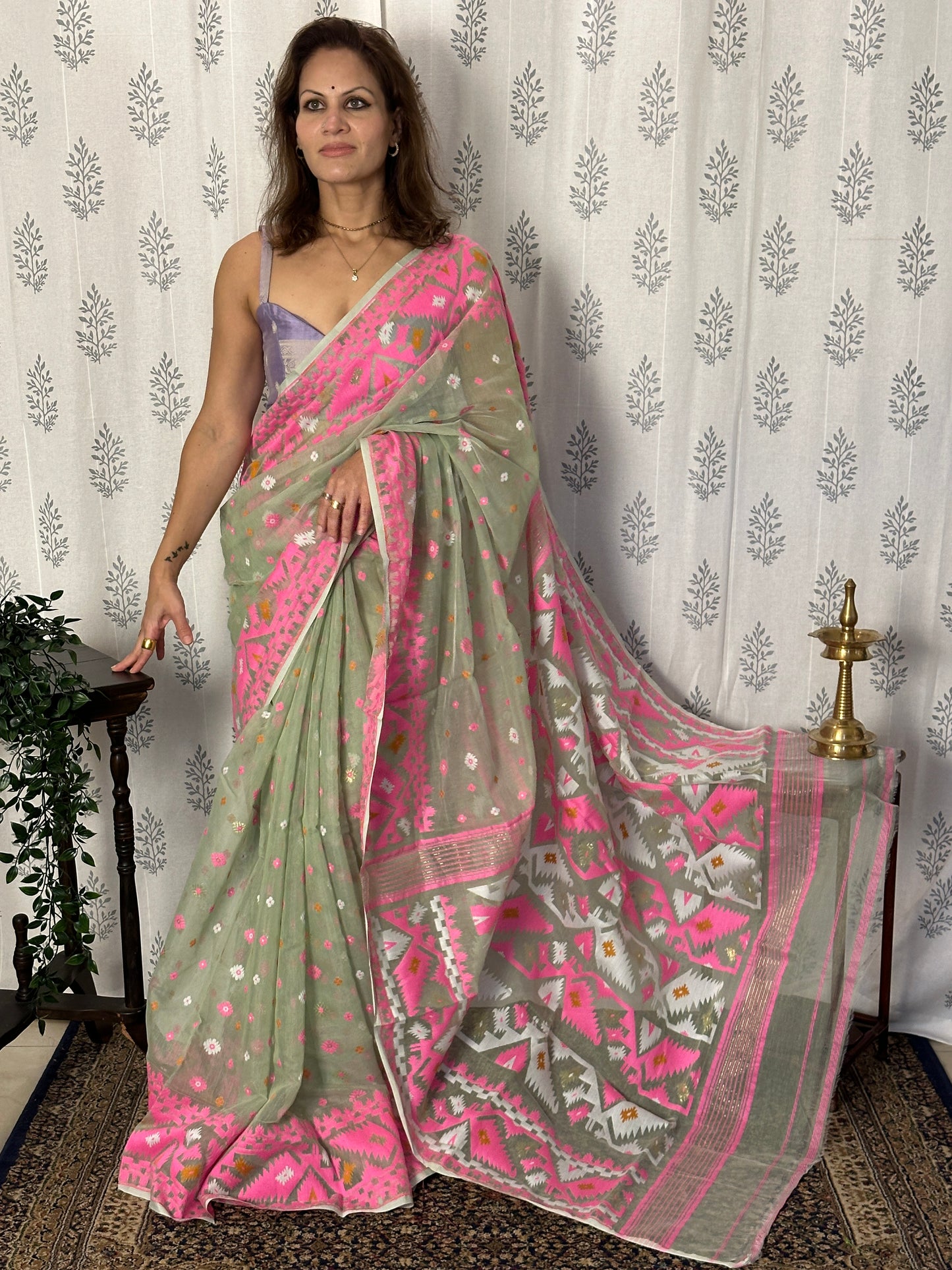Mint Green & Pink Jacquard Weaving Cotton Silk Jamdani Sari with Zari Work