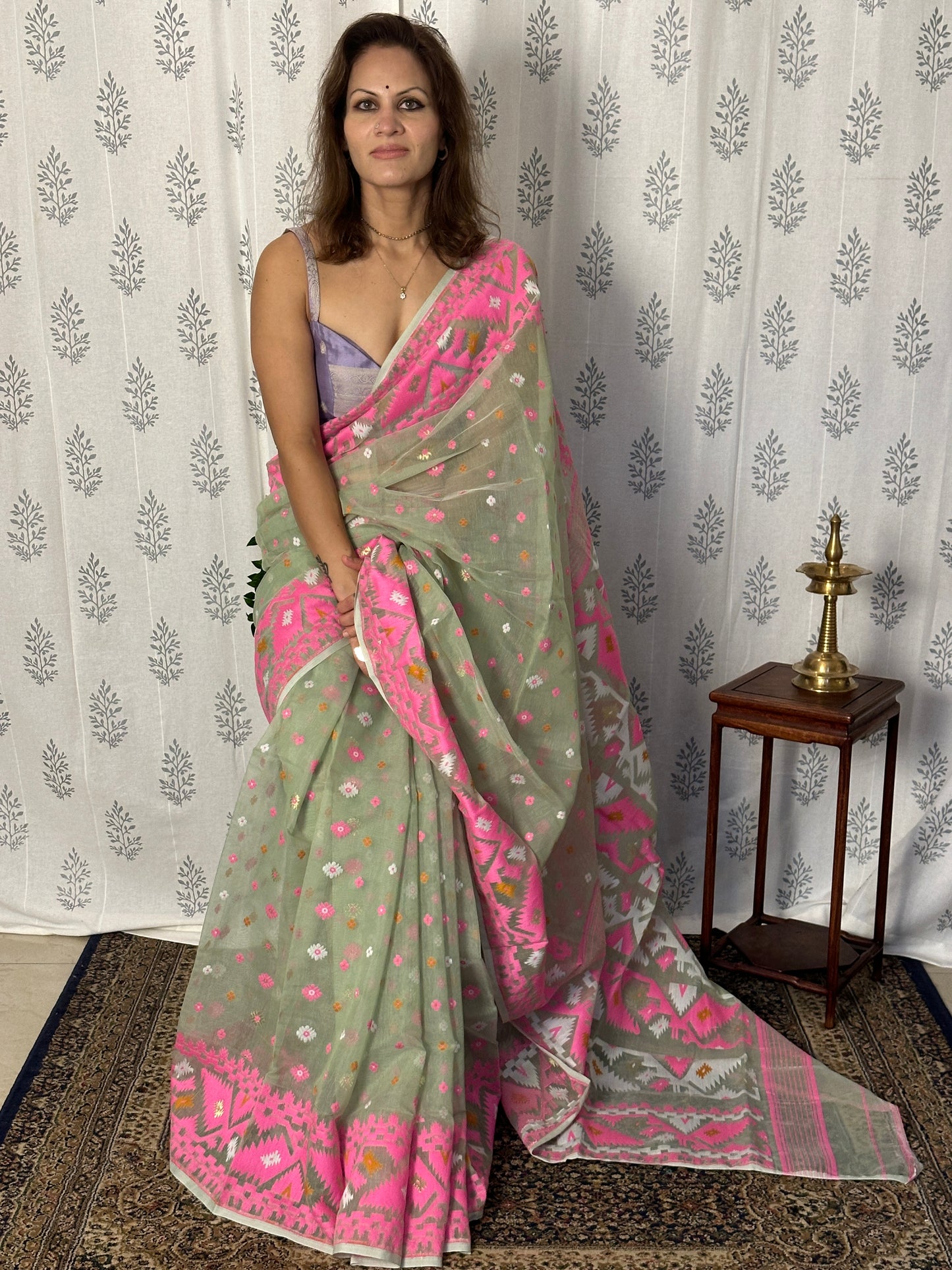 Mint Green & Pink Jacquard Weaving Cotton Silk Jamdani Sari with Zari Work