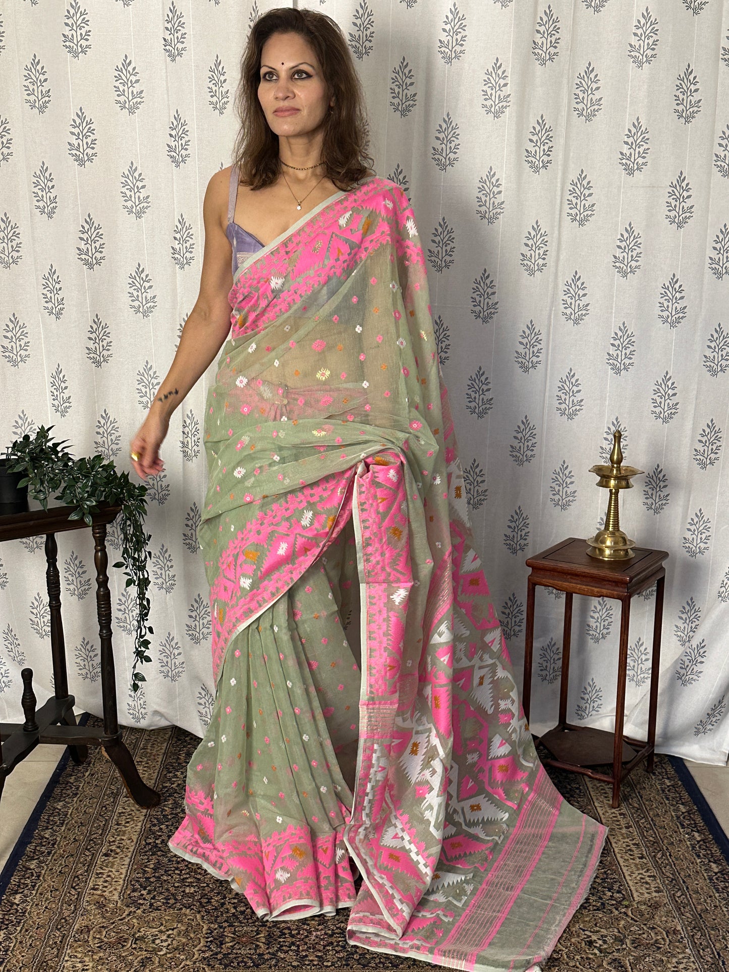 Mint Green & Pink Jacquard Weaving Cotton Silk Jamdani Sari with Zari Work