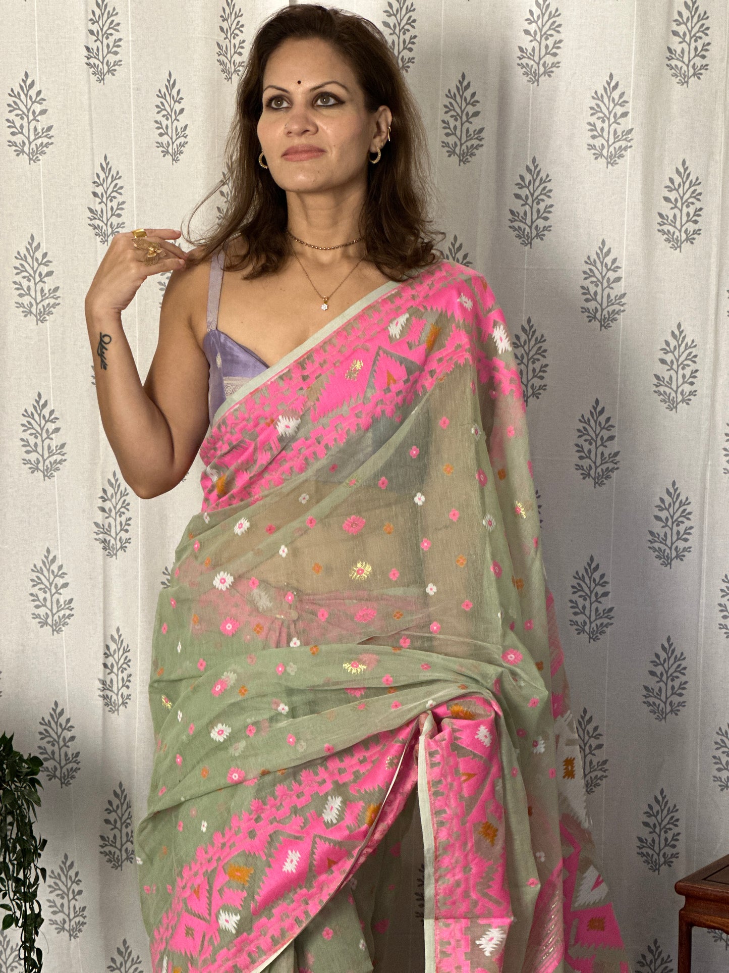 Mint Green & Pink Jacquard Weaving Cotton Silk Jamdani Sari with Zari Work