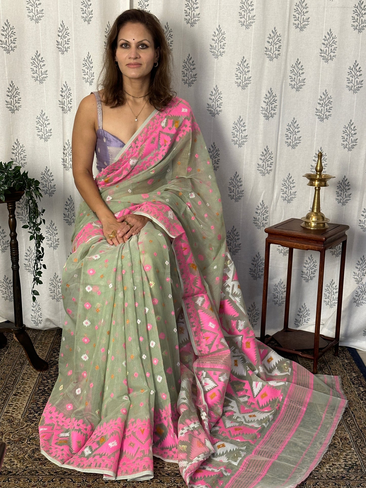 Mint Green & Pink Jacquard Weaving Cotton Silk Jamdani Sari with Zari Work