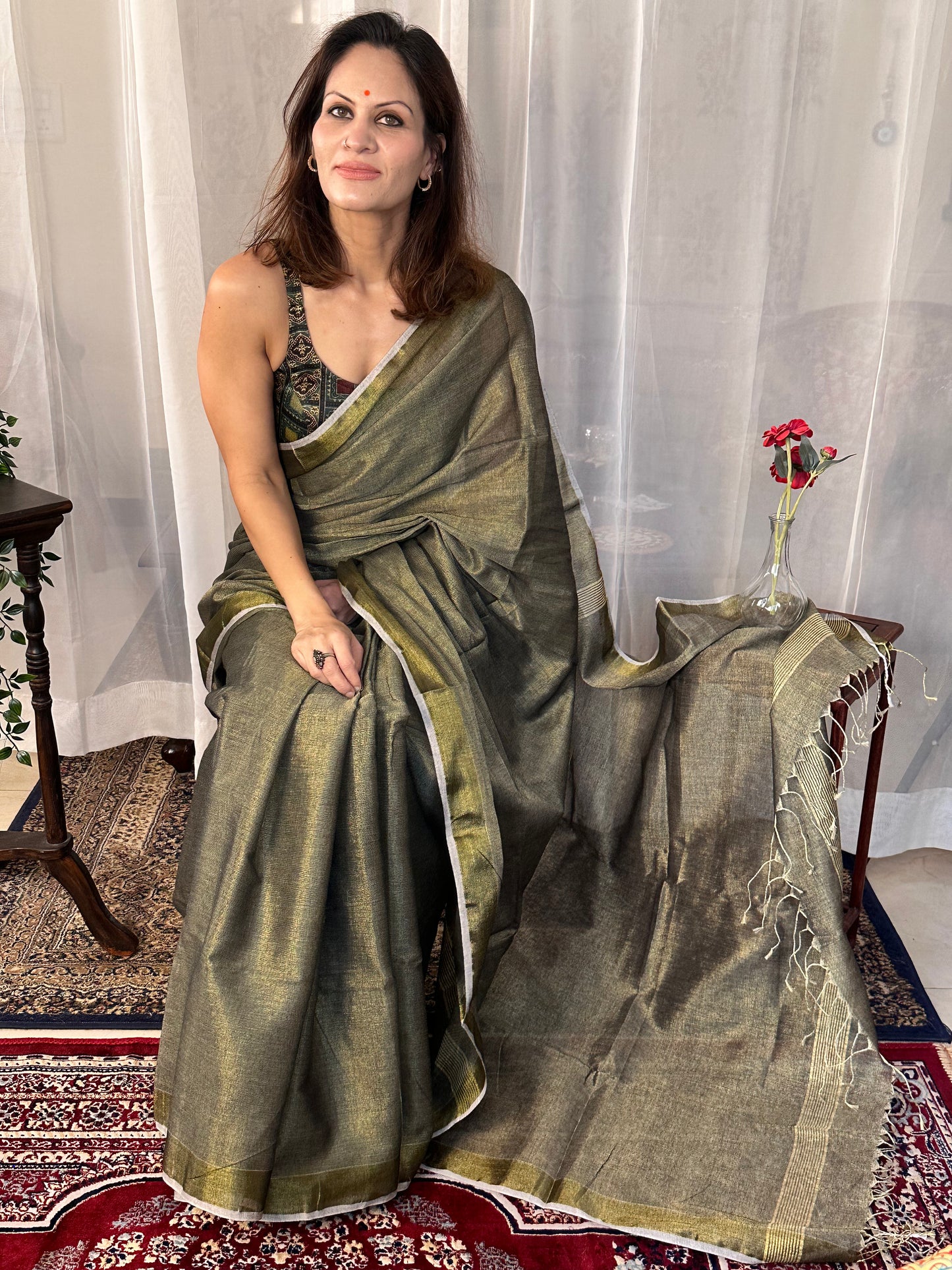 Mehendi Green Pure Mul Mul Handwoven Tissue Cotton Sari - Raahini