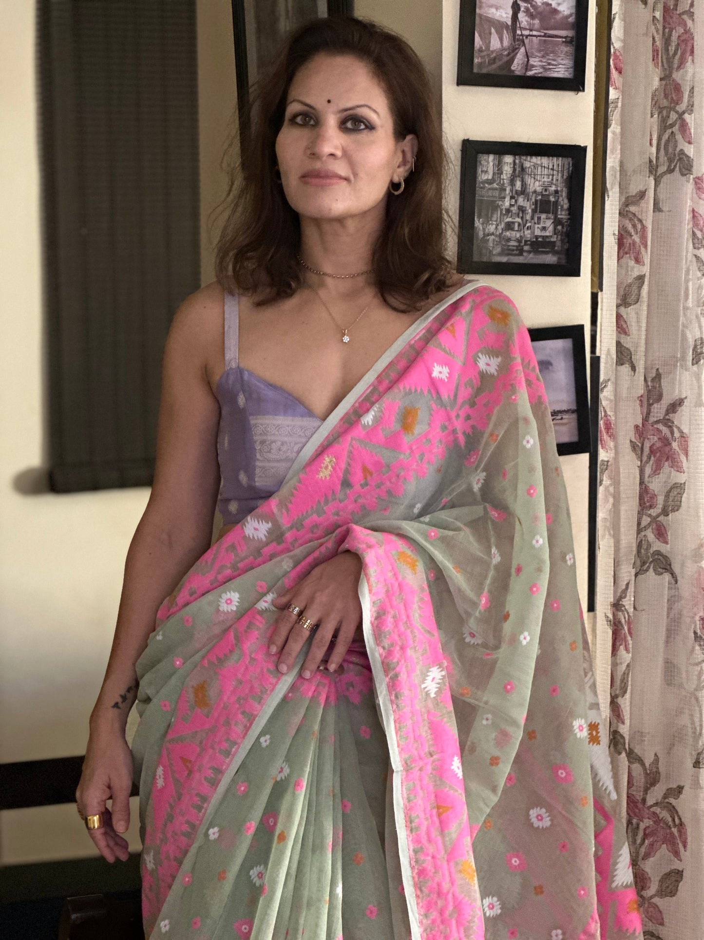 Mint Green & Pink Jacquard Weaving Cotton Silk Jamdani Sari with Zari Work