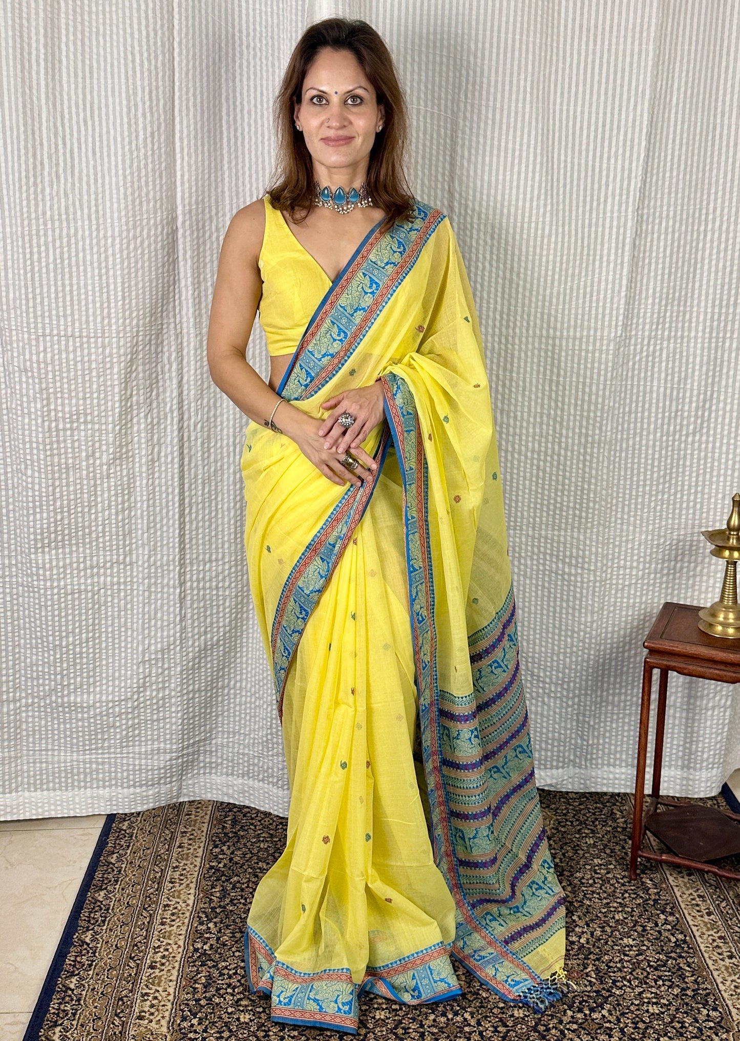 Yellow Pure Cotton Baluchari Saree with Blue Weaving