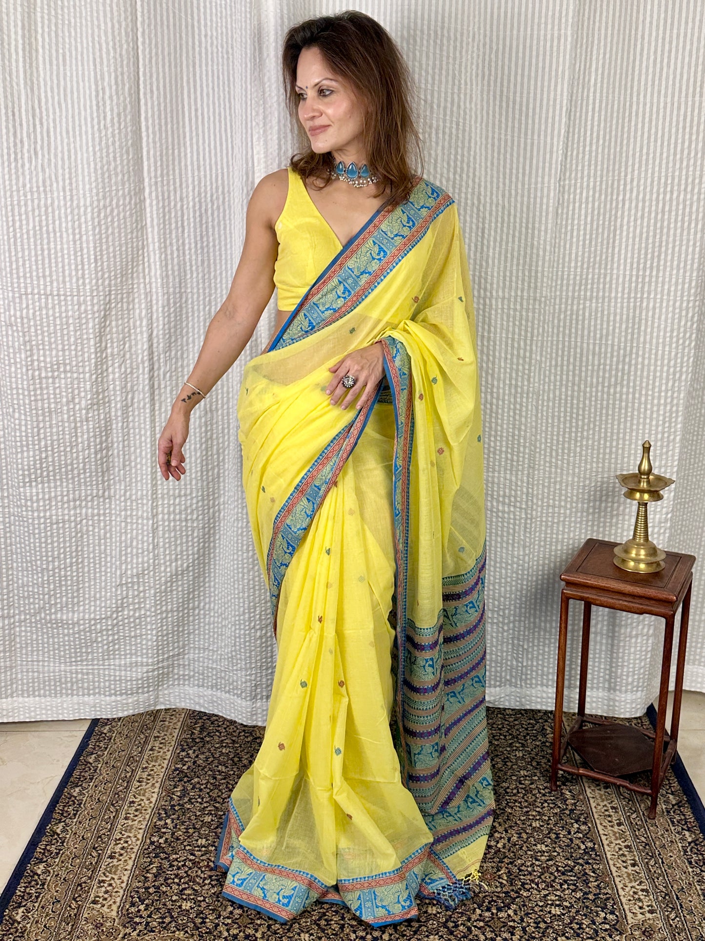 Yellow Pure Cotton Baluchari Saree with Blue Weaving
