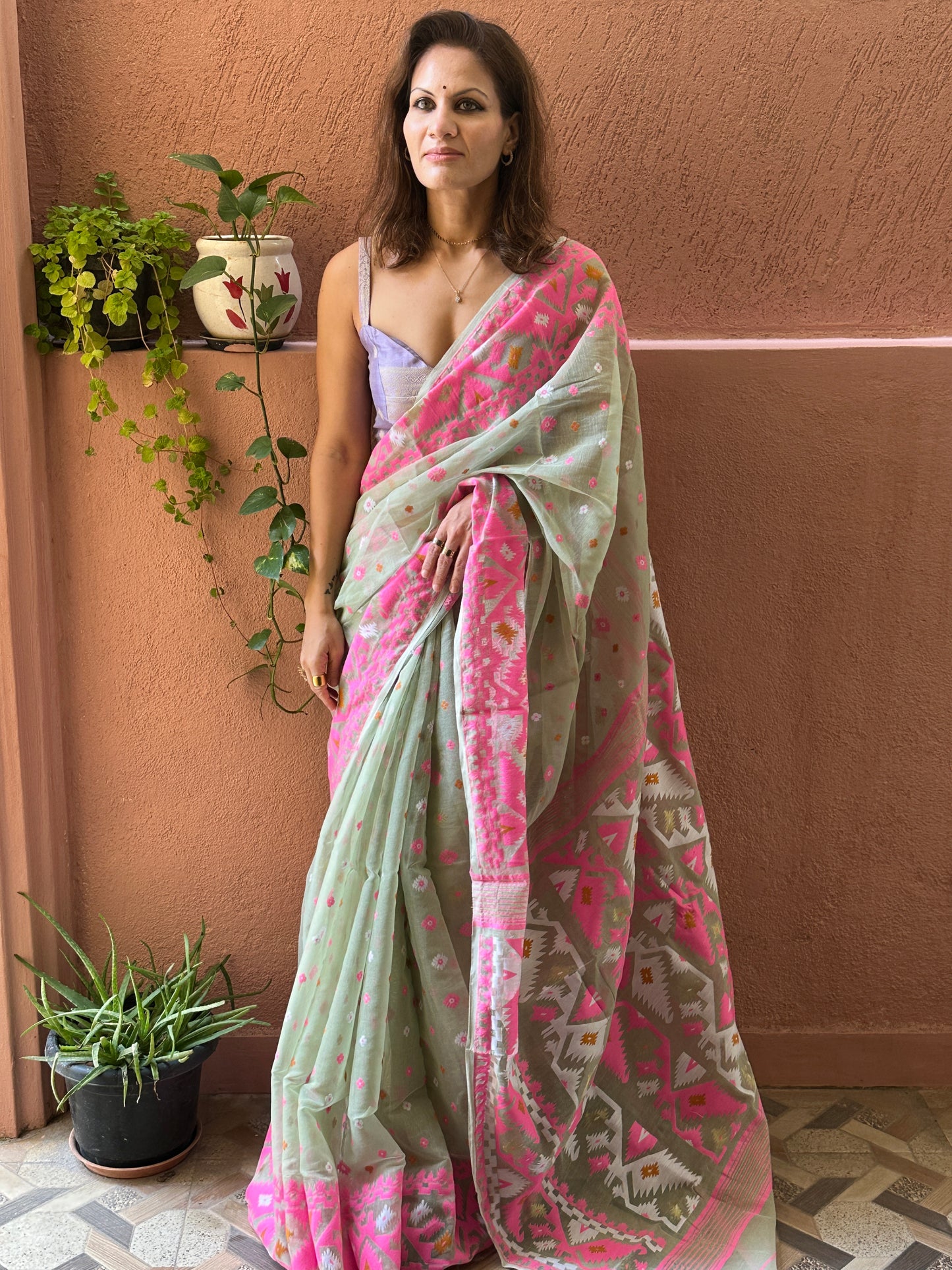 Mint Green & Pink Jacquard Weaving Cotton Silk Jamdani Sari with Zari Work