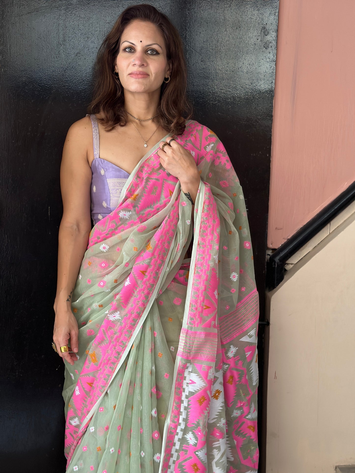 Mint Green & Pink Jacquard Weaving Cotton Silk Jamdani Sari with Zari Work