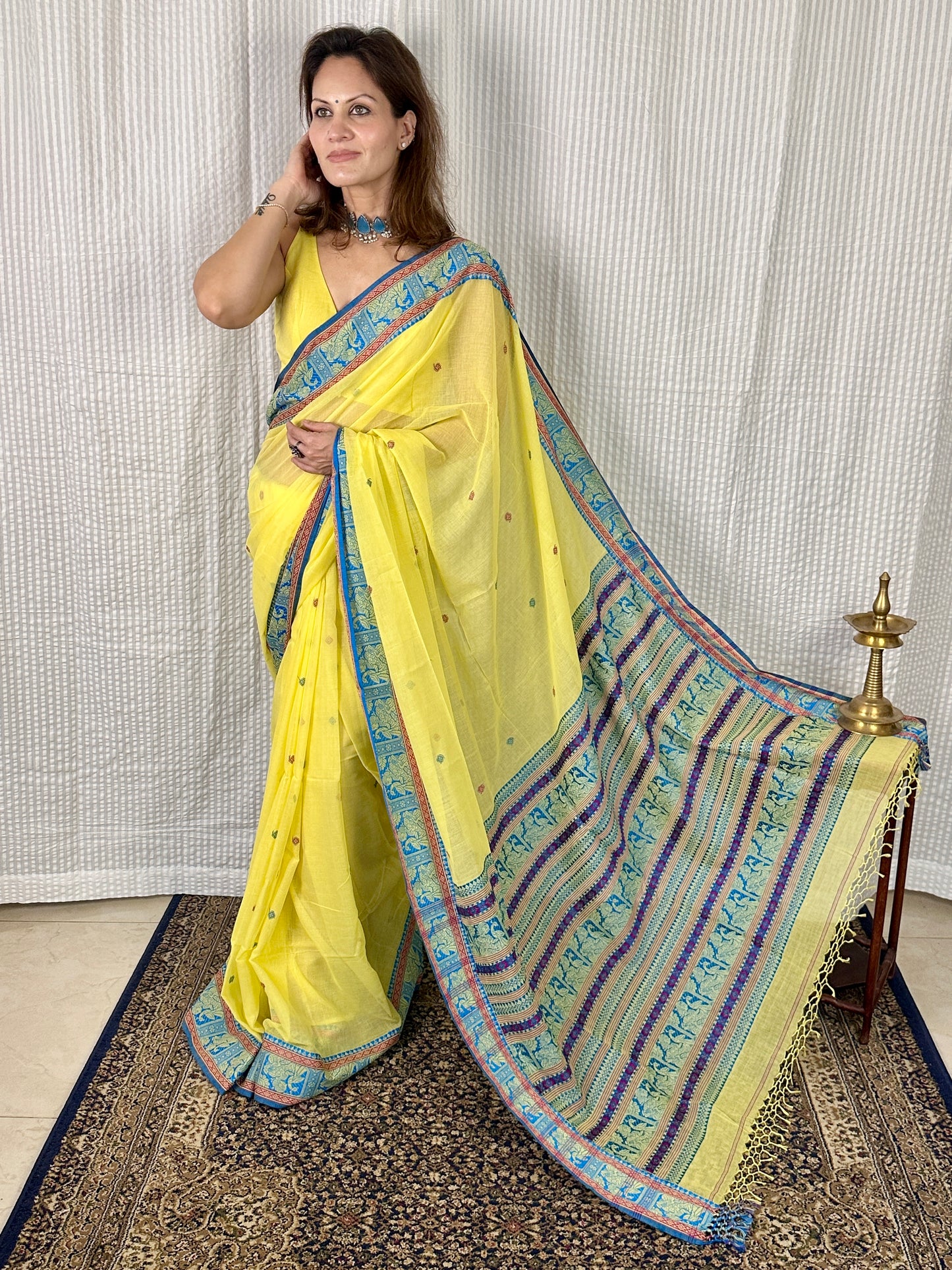 Yellow Pure Cotton Baluchari Saree with Blue Weaving