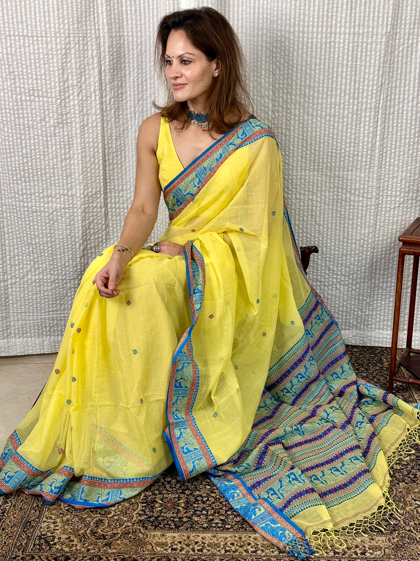 Yellow Pure Cotton Baluchari Saree with Blue Weaving