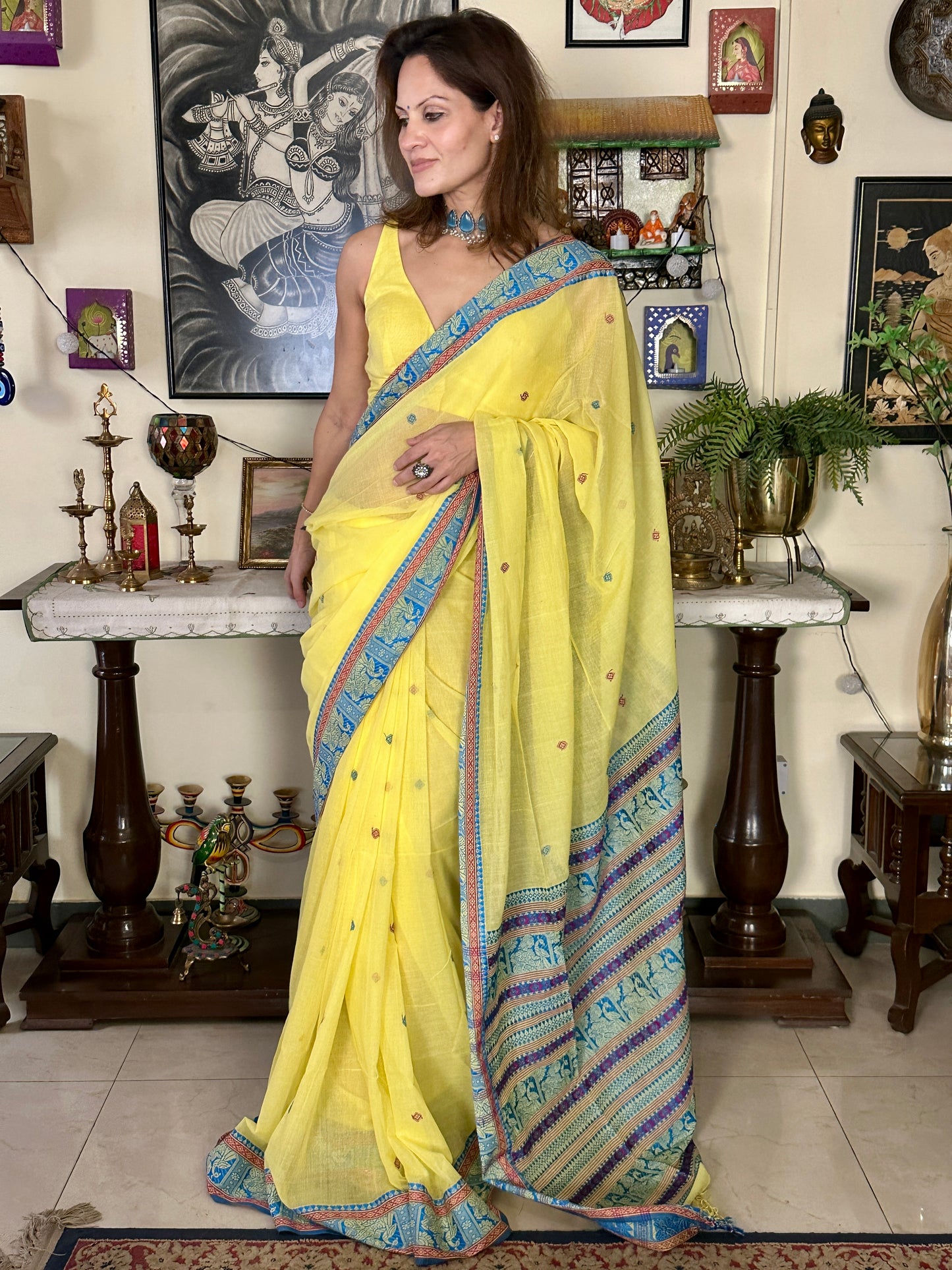 Yellow Pure Cotton Baluchari Saree with Blue Weaving
