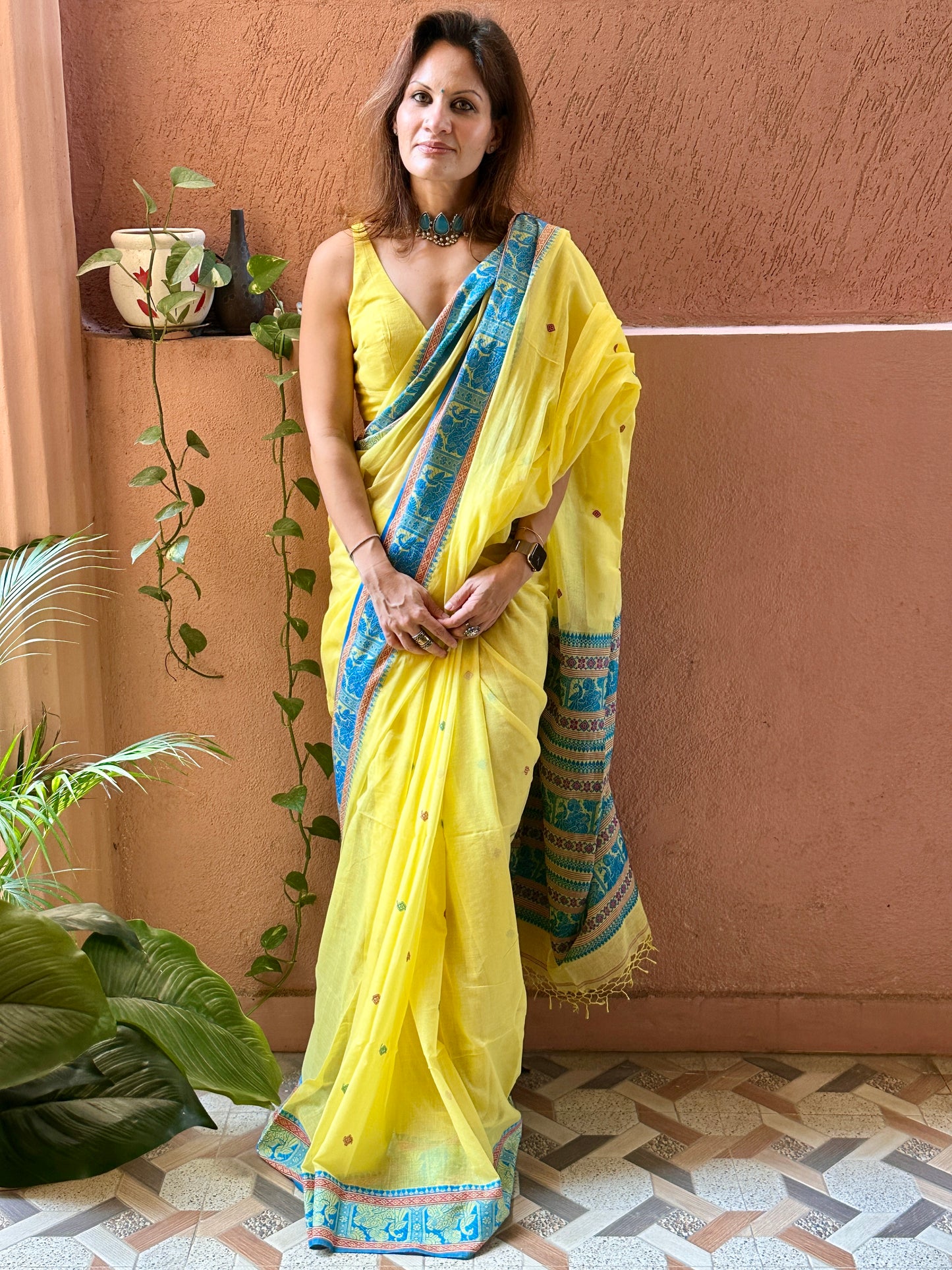 Yellow Pure Cotton Baluchari Saree with Blue Weaving