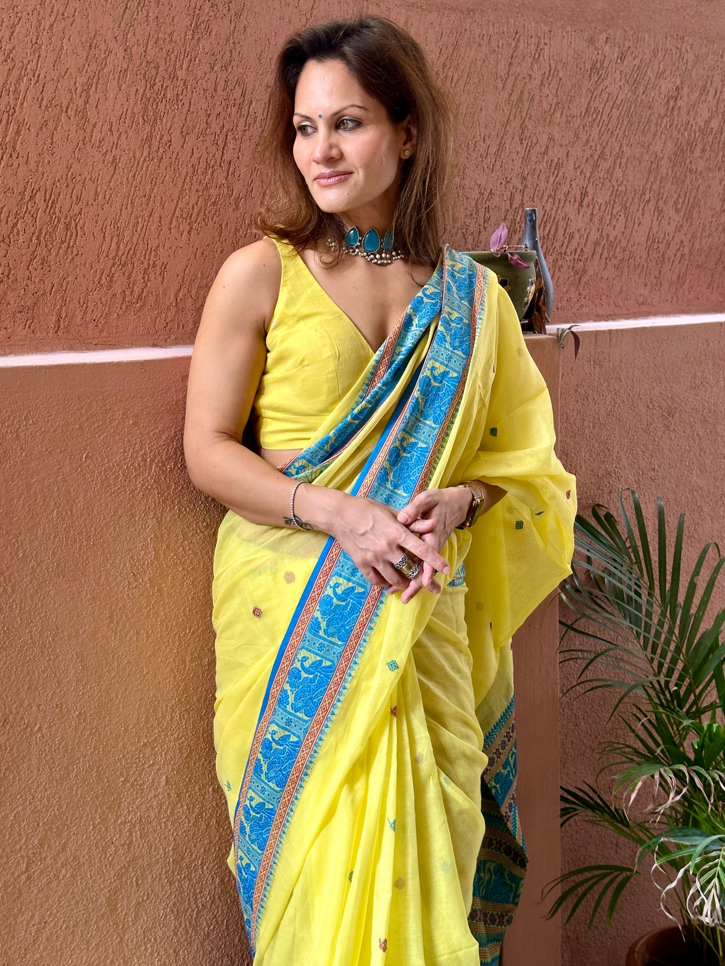 Yellow Pure Cotton Baluchari Saree with Blue Weaving