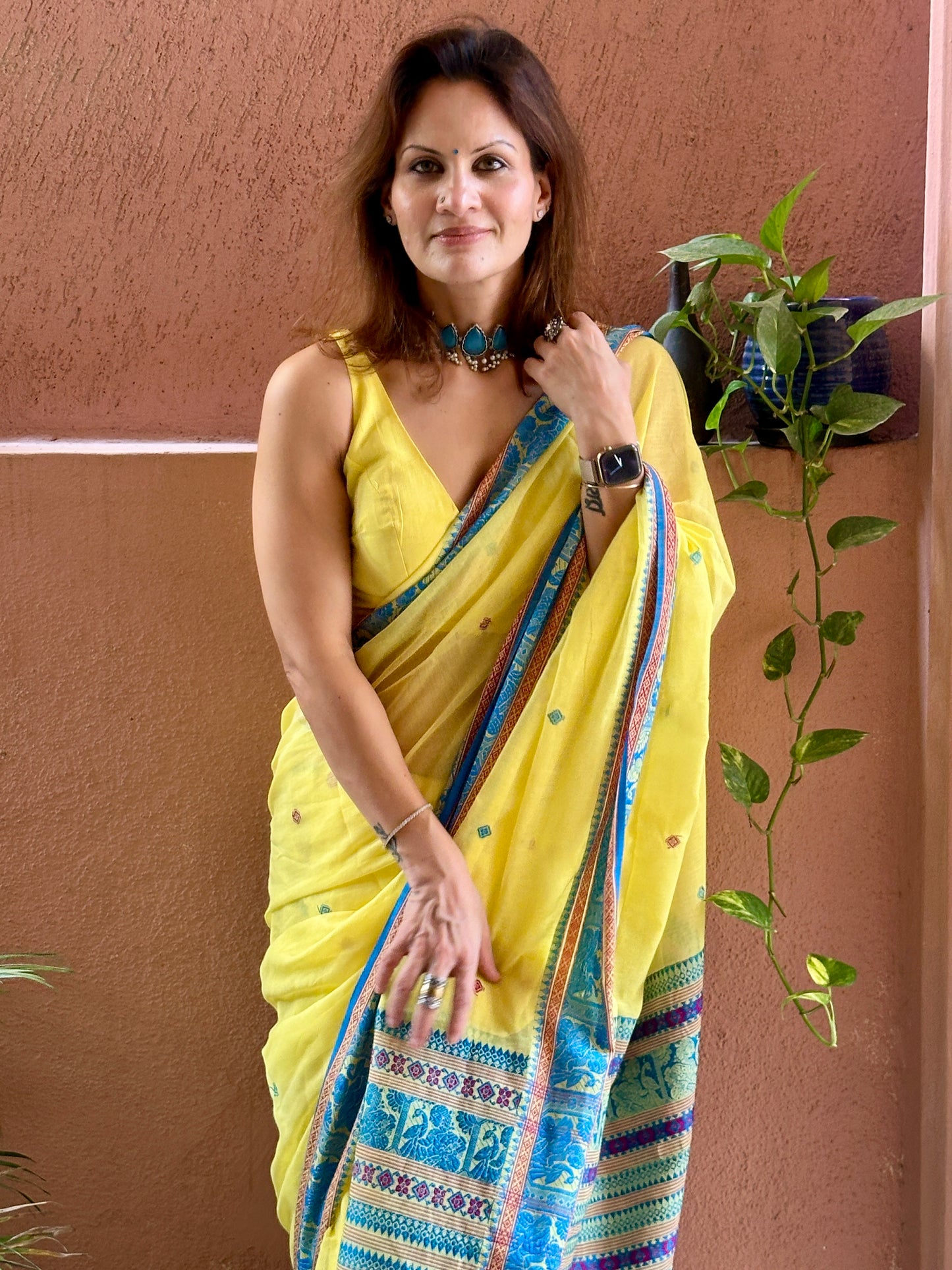 Yellow Pure Cotton Baluchari Saree with Blue Weaving