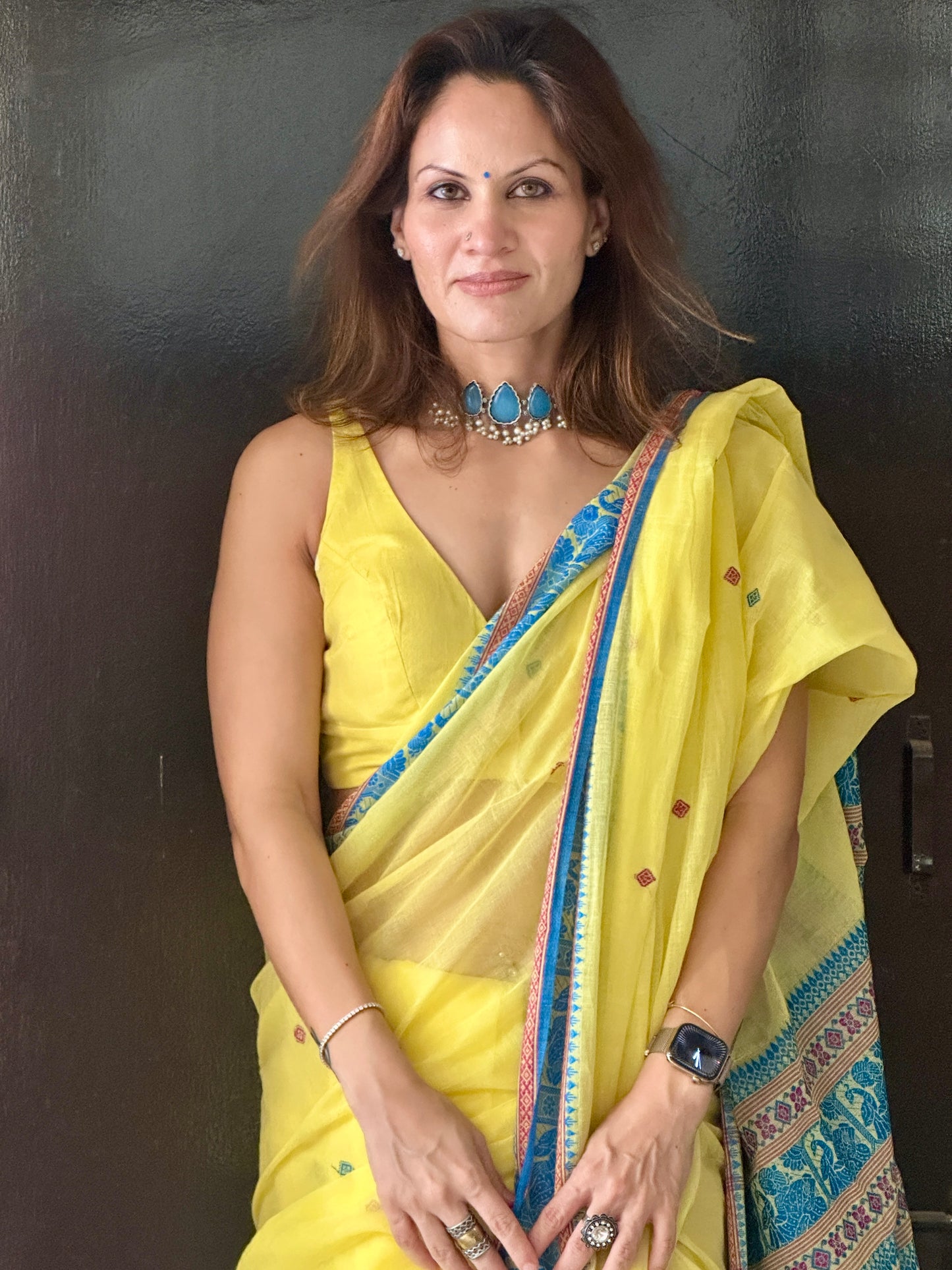 Yellow Pure Cotton Baluchari Saree with Blue Weaving